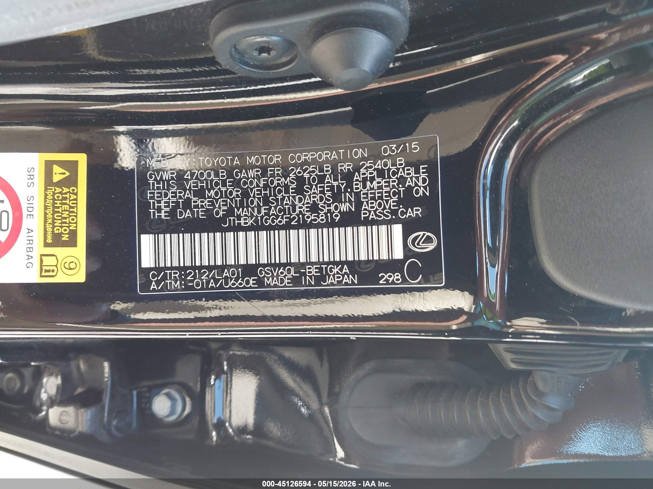 2015 Lexus Es 350   Black vin: JTHBK1GG6F2195819