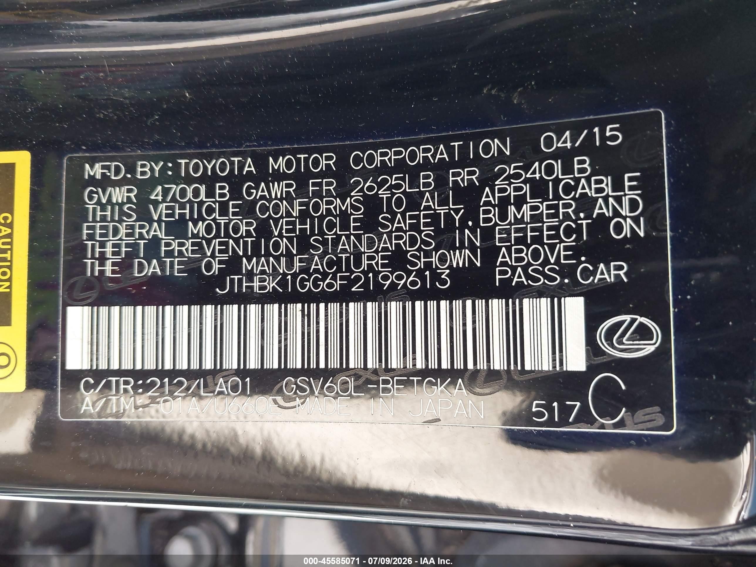 2015 Lexus Es 350   Black vin: JTHBK1GG6F2199613