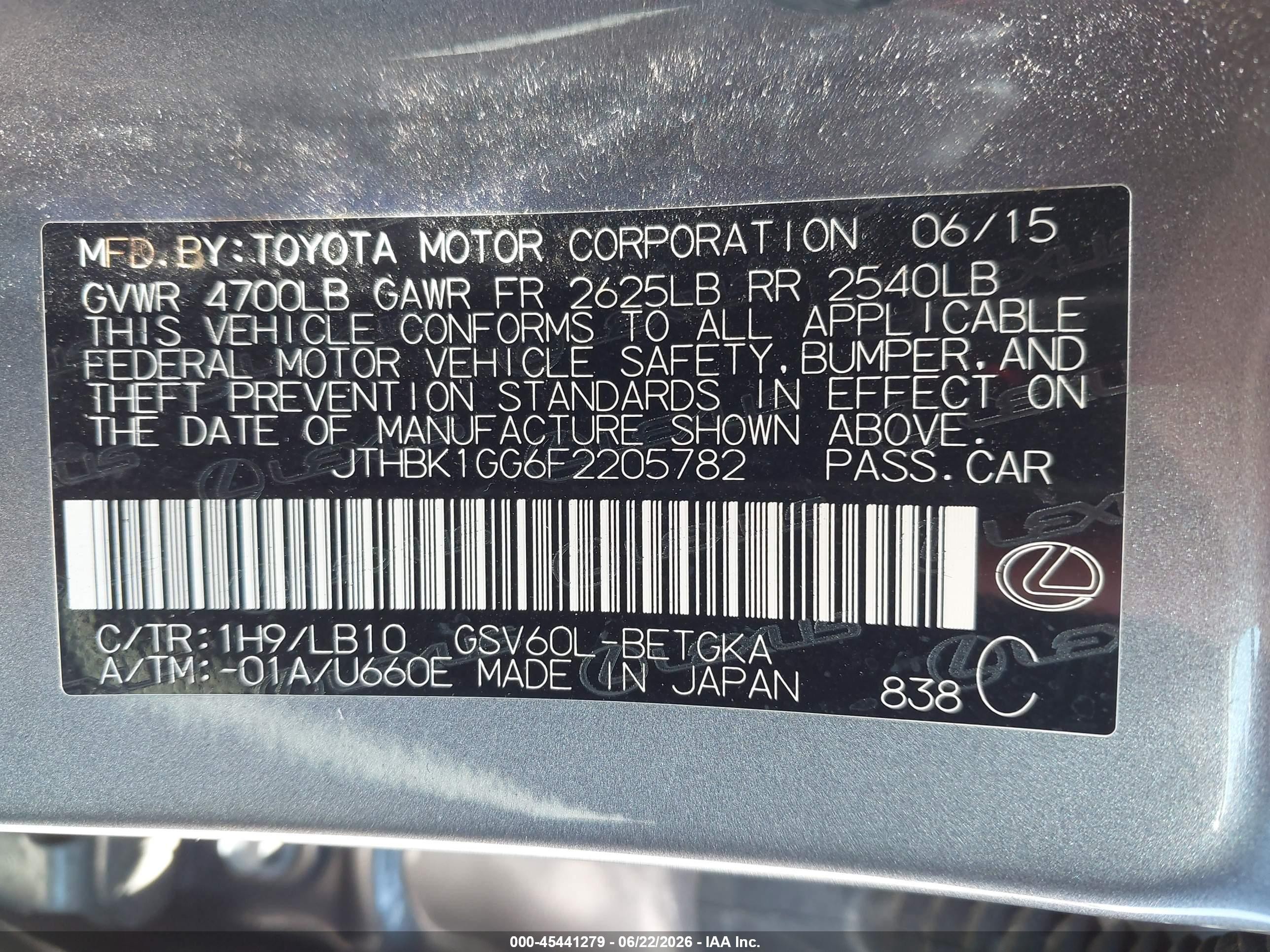 2015 Lexus Es 350 Gray vin: JTHBK1GG6F2205782