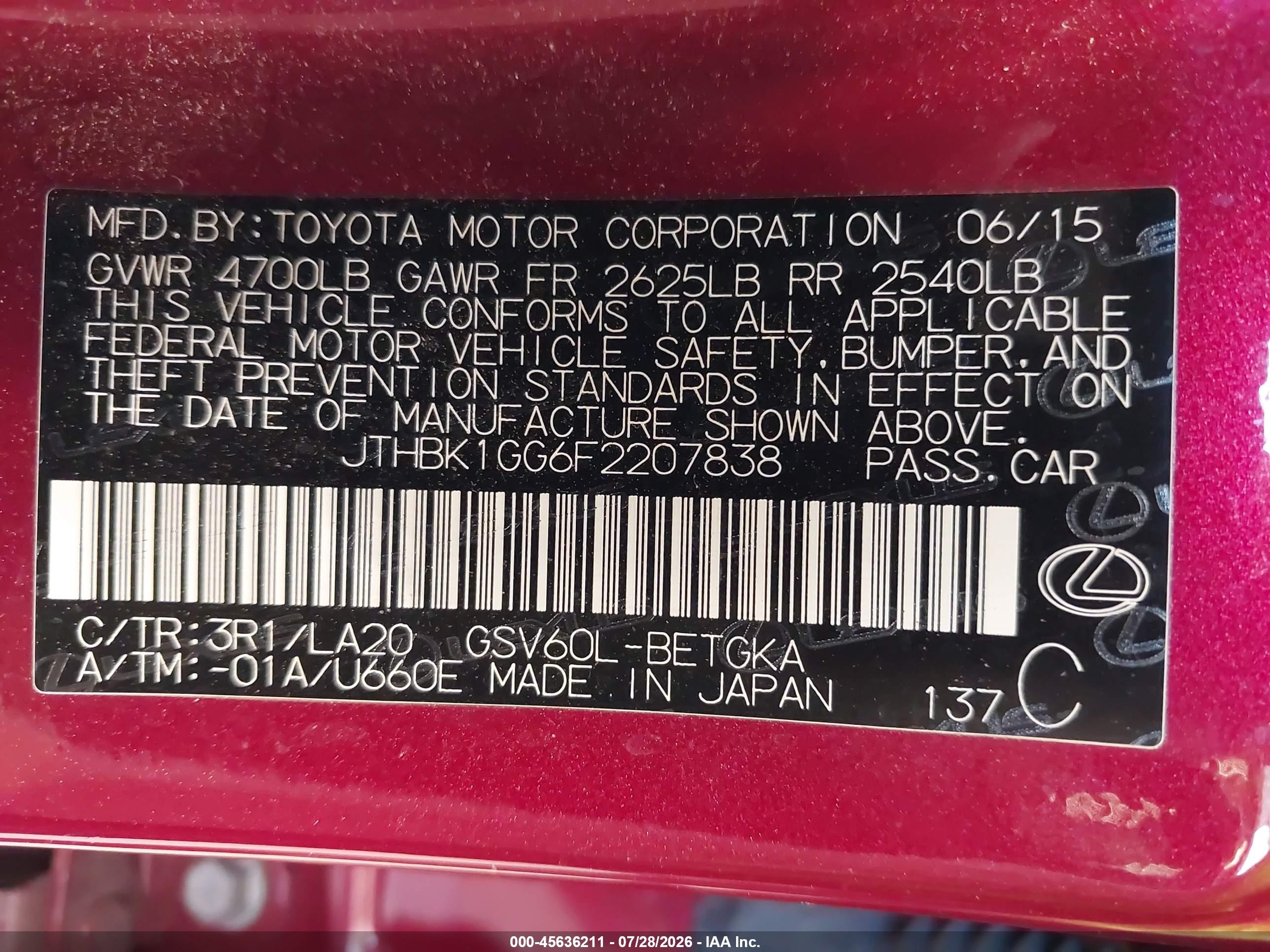 2015 Lexus Es 350   Red vin: JTHBK1GG6F2207838