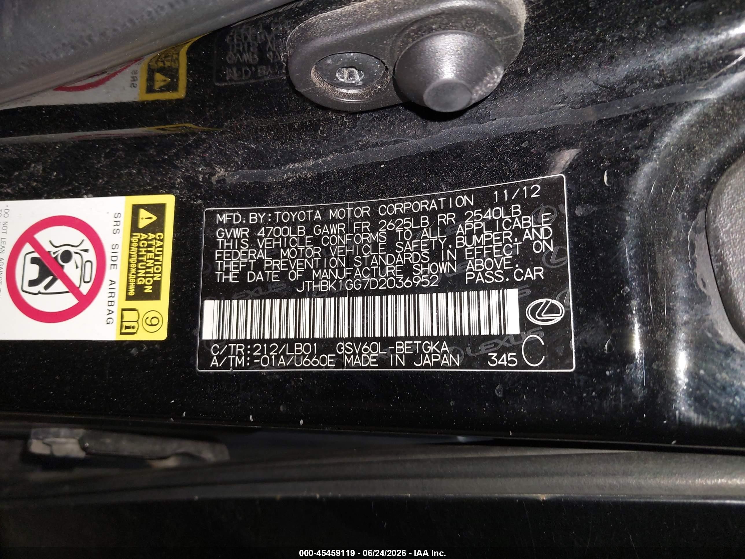 2013 Lexus Es 350   Черный vin: JTHBK1GG7D2036952
