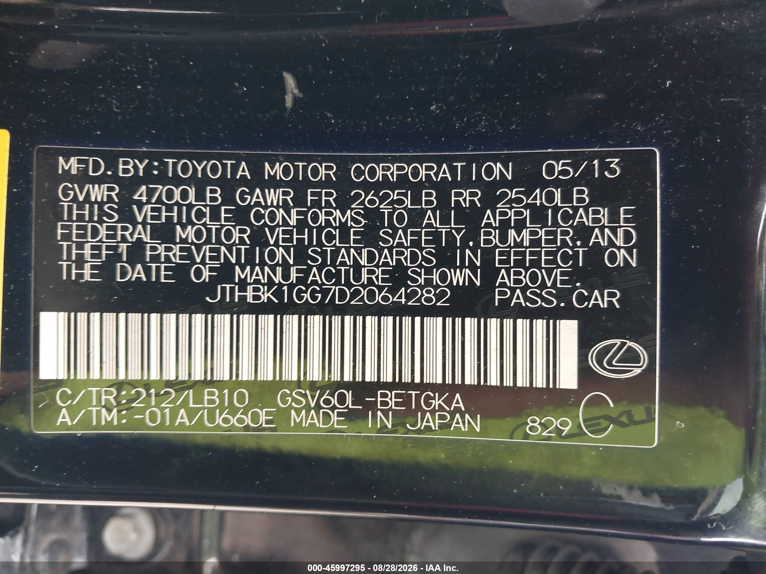 2013 Lexus Es 350   Black vin: JTHBK1GG7D2064282