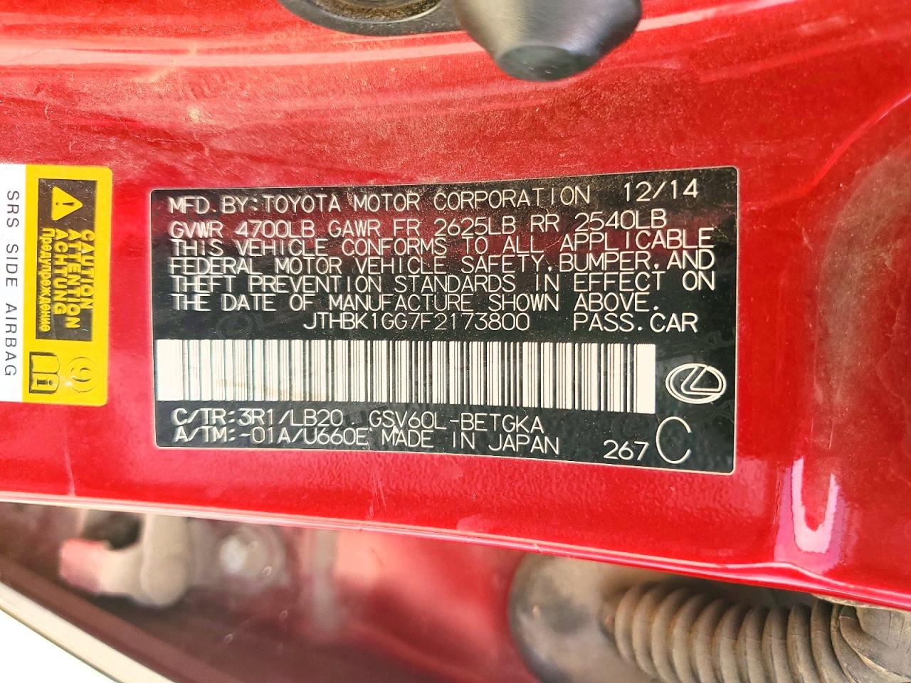 2015 Lexus Es 350 Red vin: JTHBK1GG7F2173800