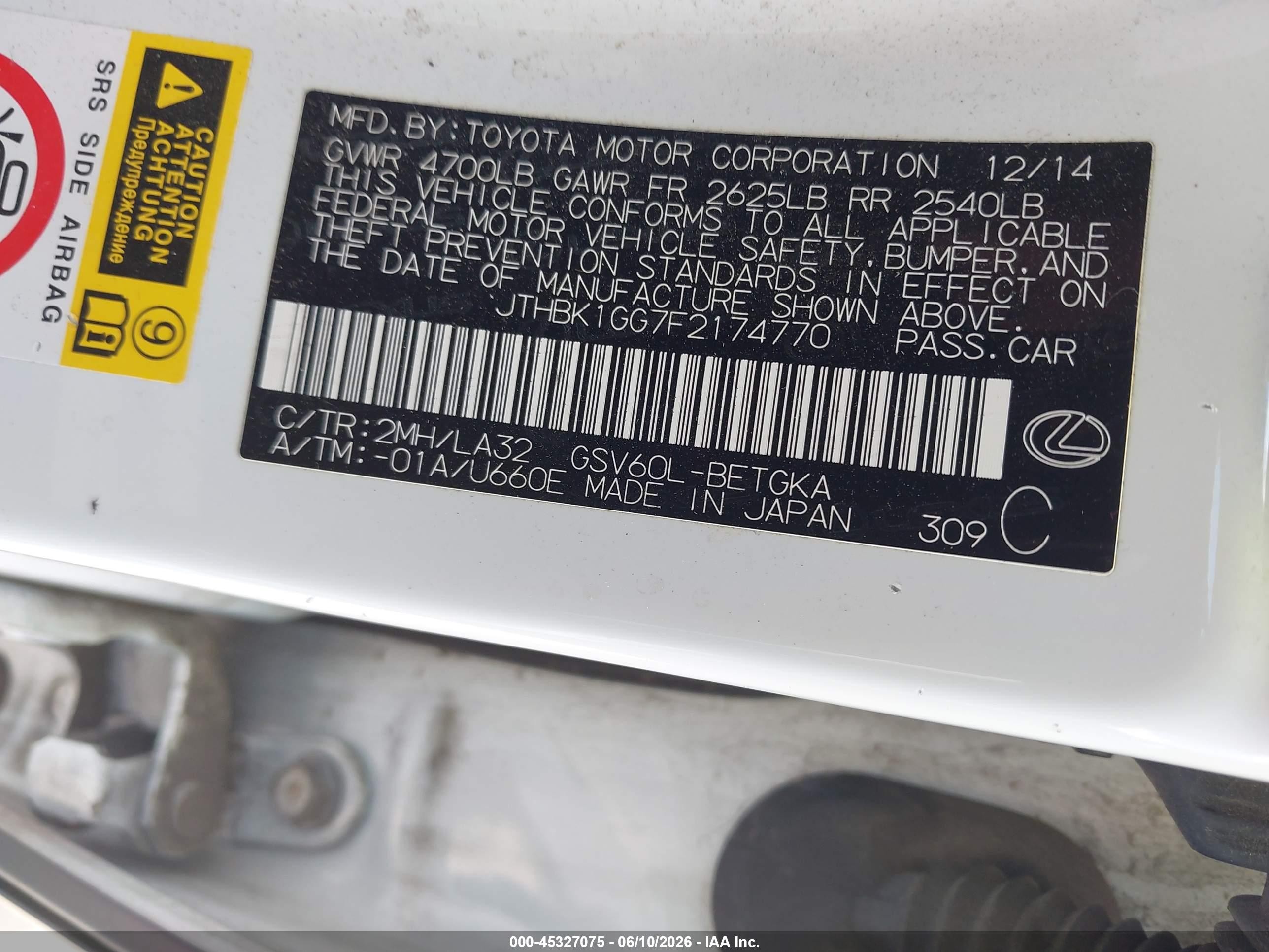2015 Lexus Es 350 Crafted Line White vin: JTHBK1GG7F2174770