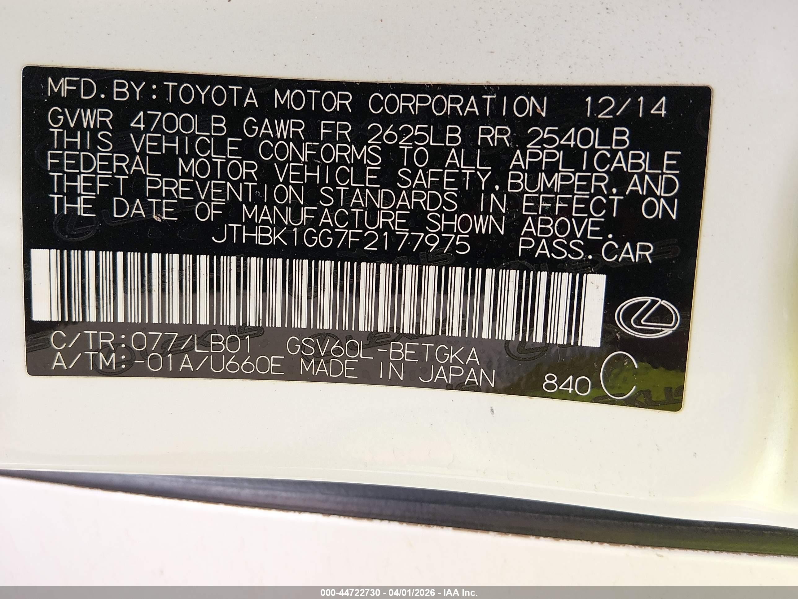2015 Lexus Es 350 Crafted Line White vin: JTHBK1GG7F2177975