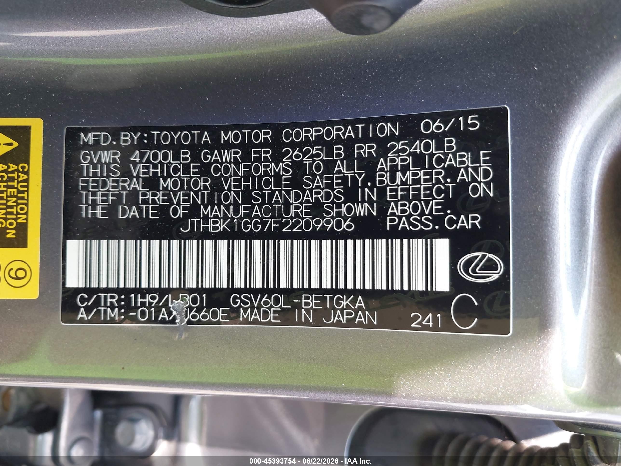 2015 Lexus Es 350   Gray vin: JTHBK1GG7F2209906