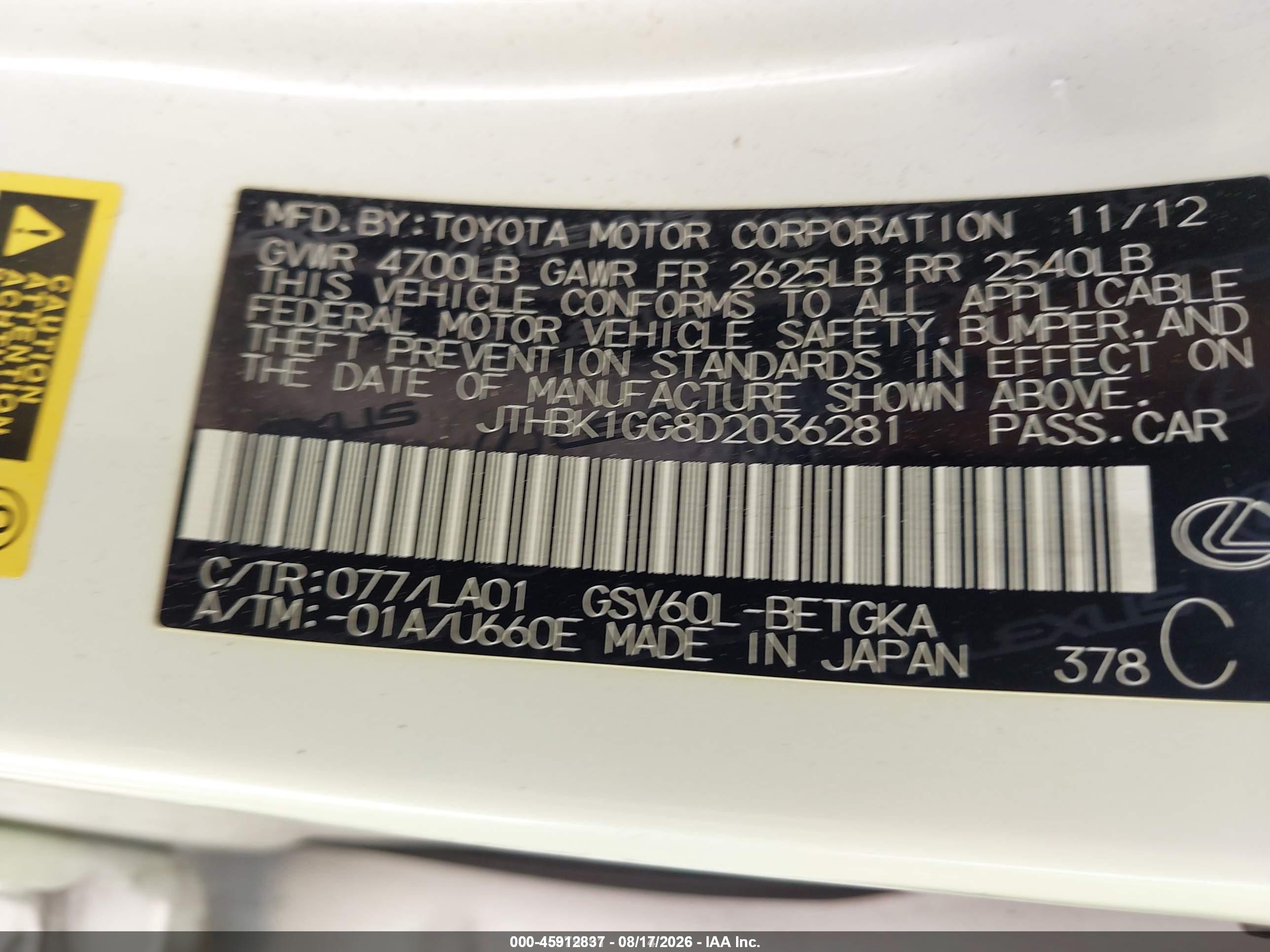 2013 Lexus Es 350 White vin: JTHBK1GG8D2036281