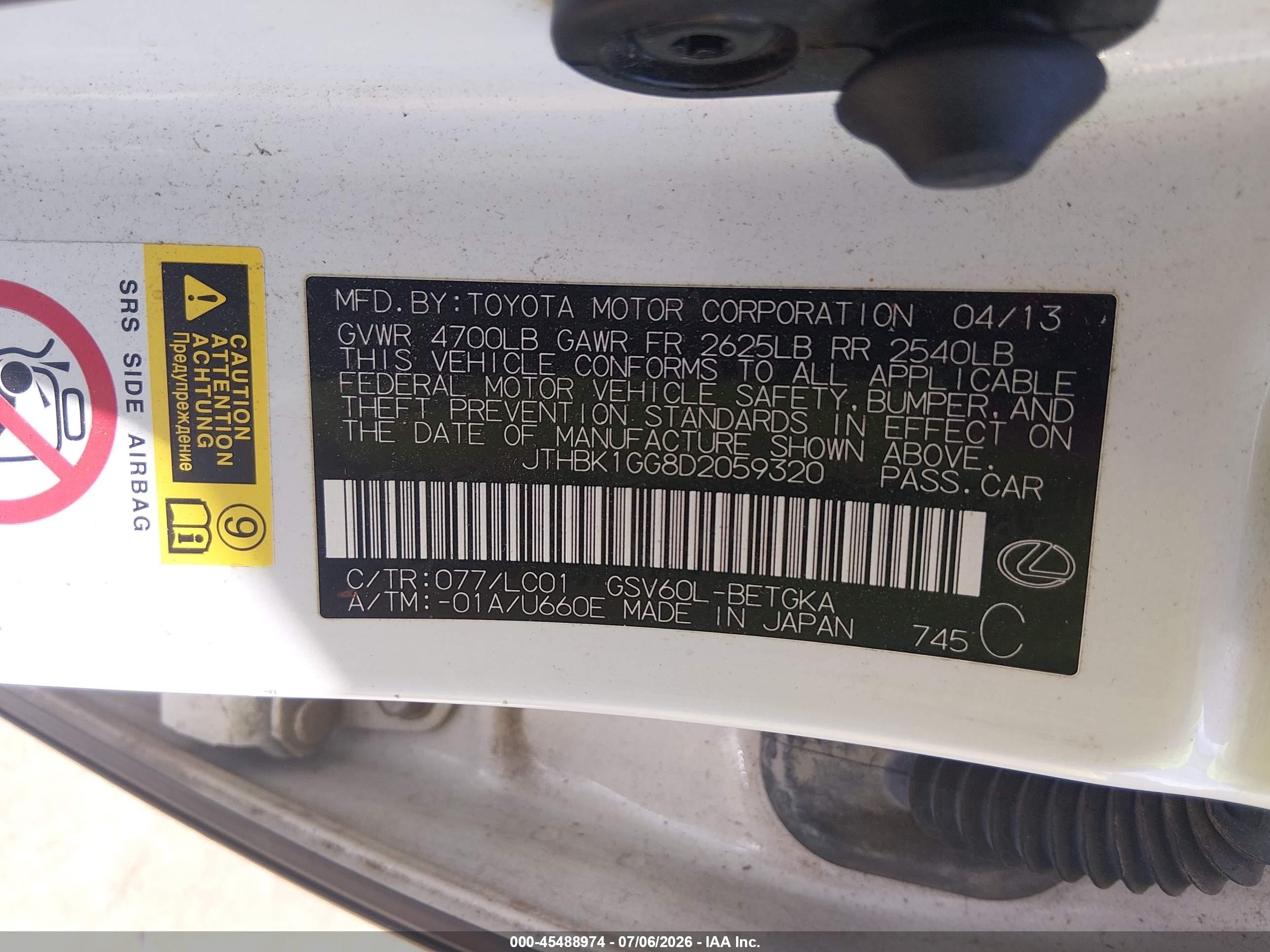 2013 Lexus Es 350   White vin: JTHBK1GG8D2059320