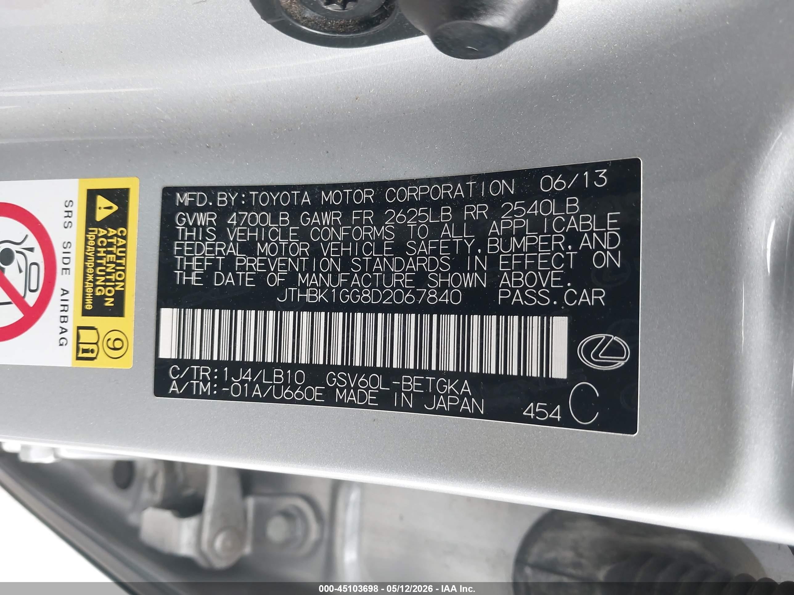 2013 Lexus Es 350 Gray vin: JTHBK1GG8D2067840