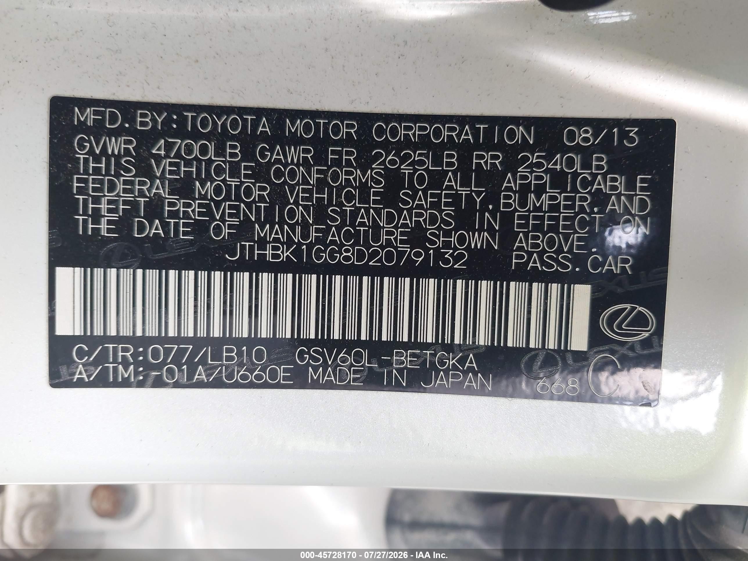 2013 Lexus Es 350   White vin: JTHBK1GG8D2079132