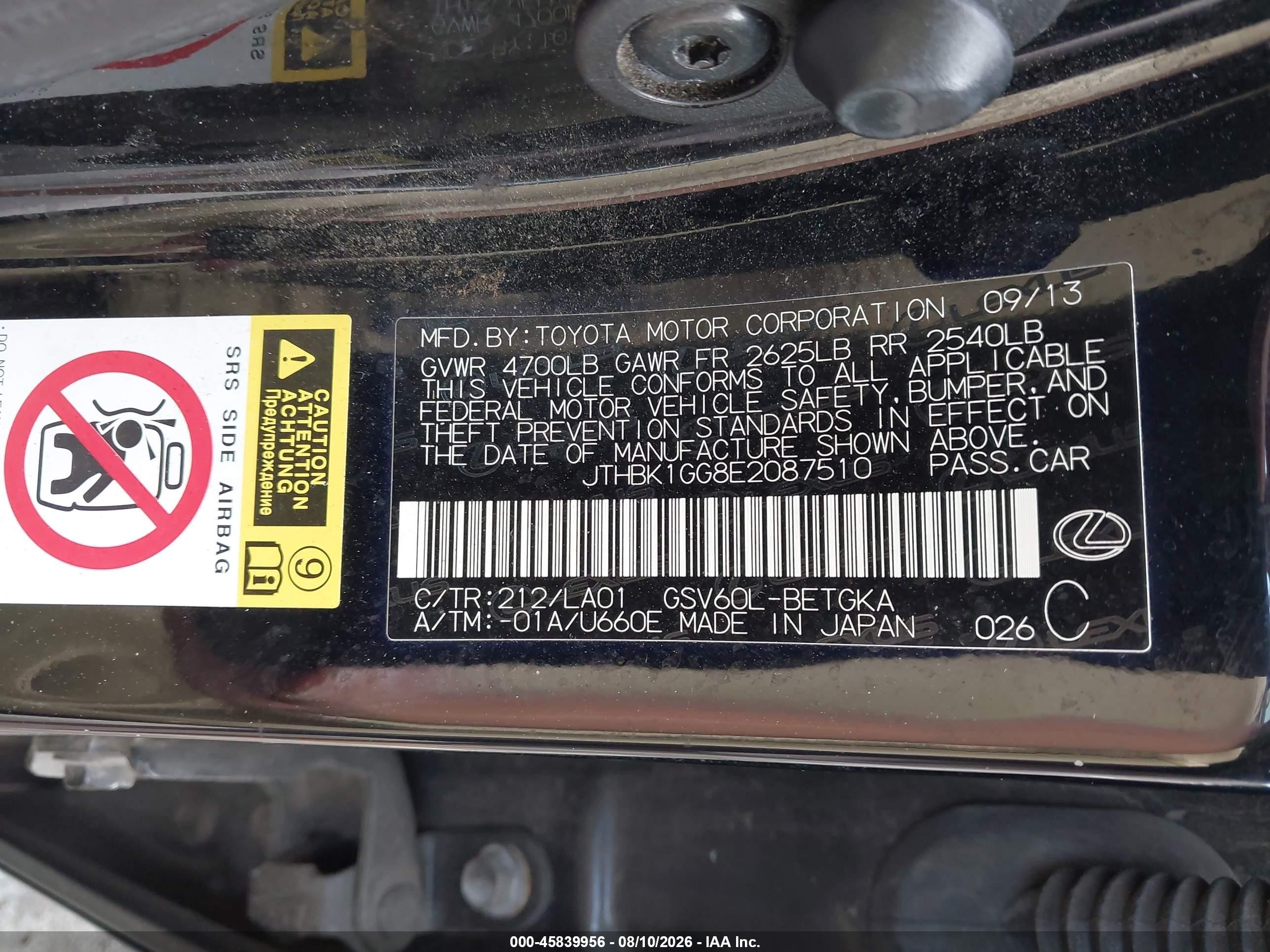 2014 Lexus Es 350   Black vin: JTHBK1GG8E2087510