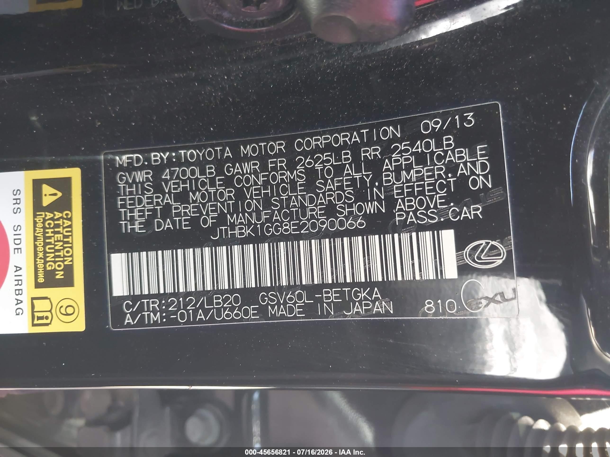 2014 Lexus Es 350   Black vin: JTHBK1GG8E2090066