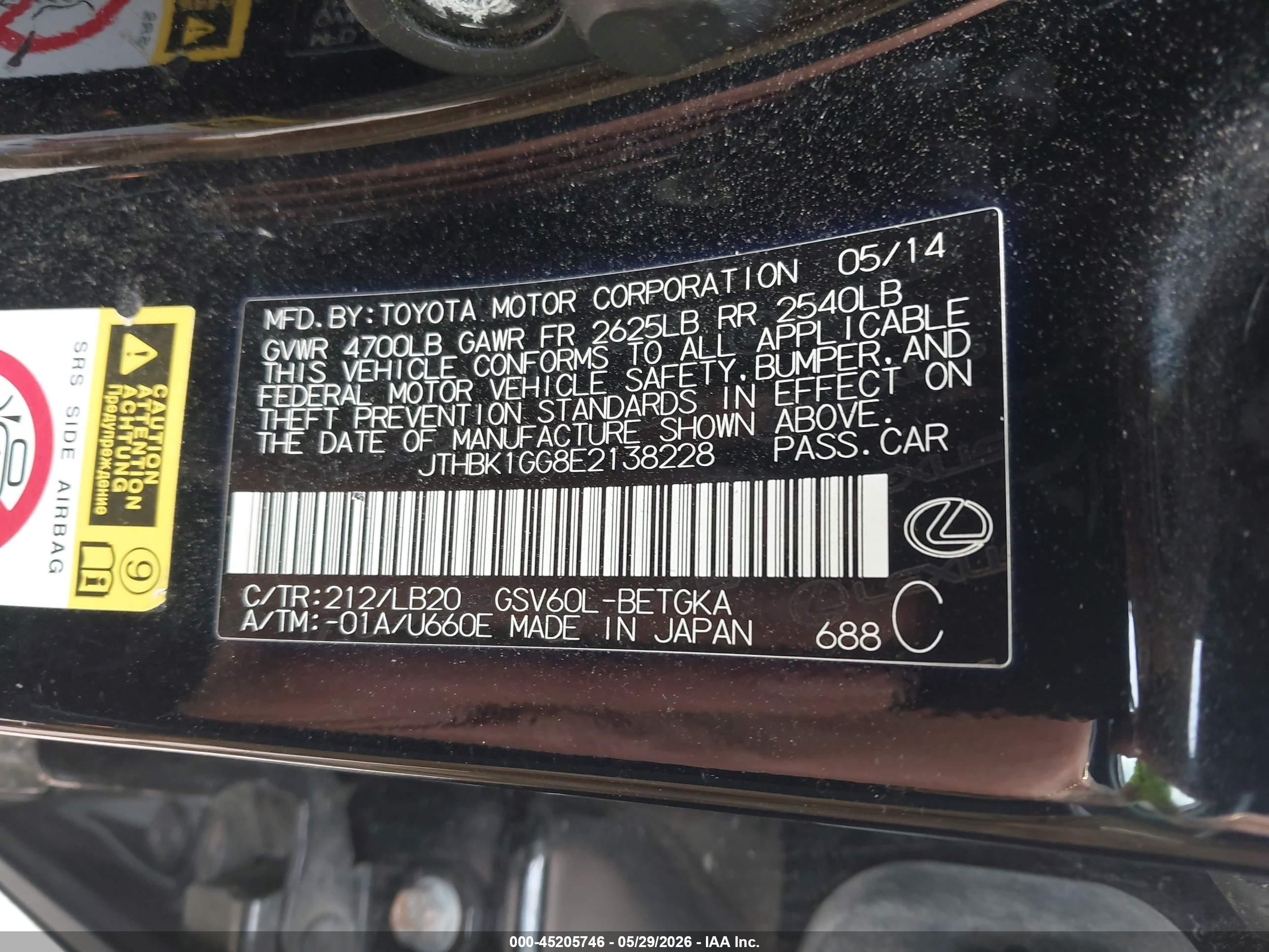 2014 Lexus Es 350   Black vin: JTHBK1GG8E2138228