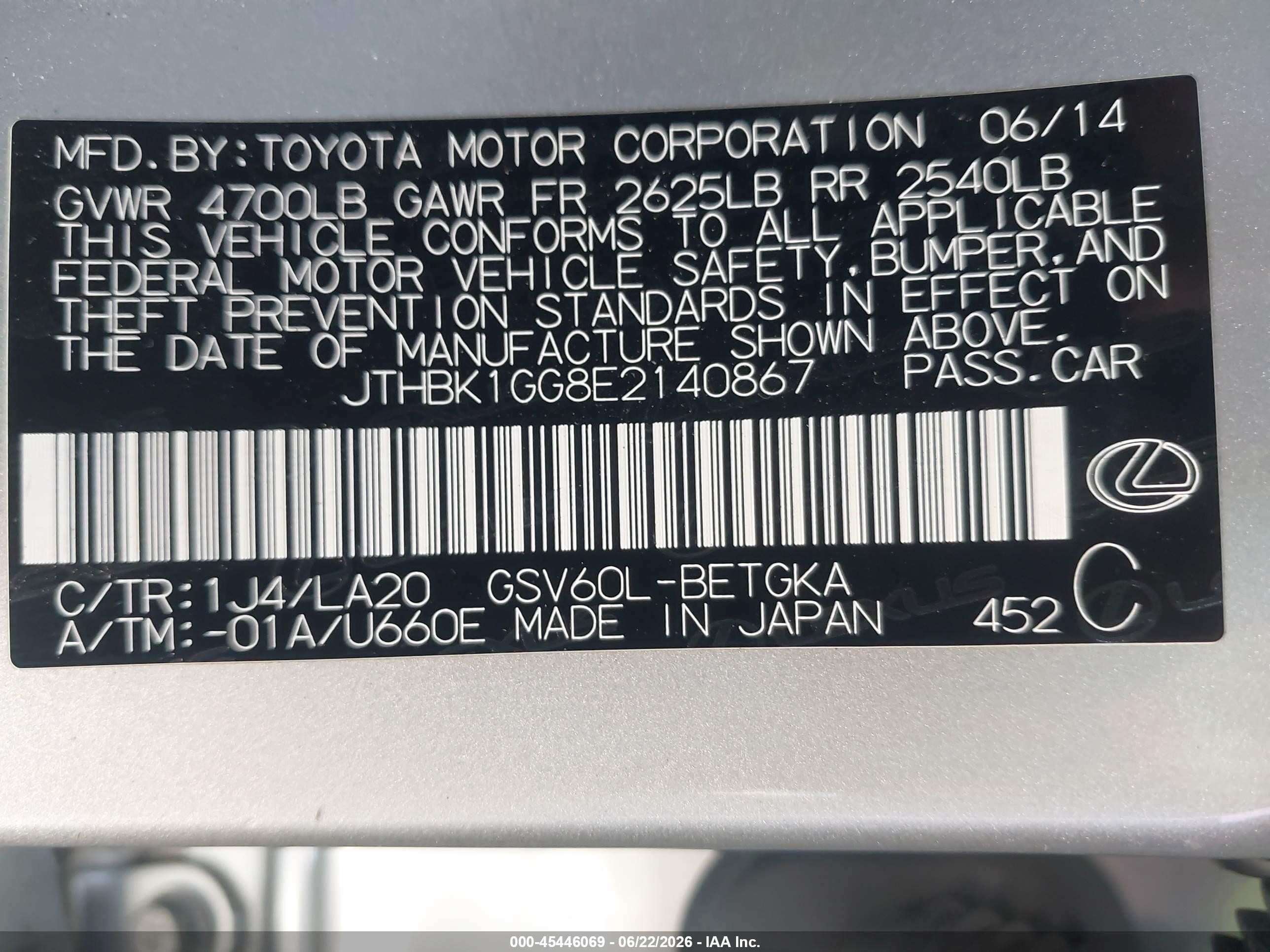 2014 Lexus Es 350 Silver vin: JTHBK1GG8E2140867