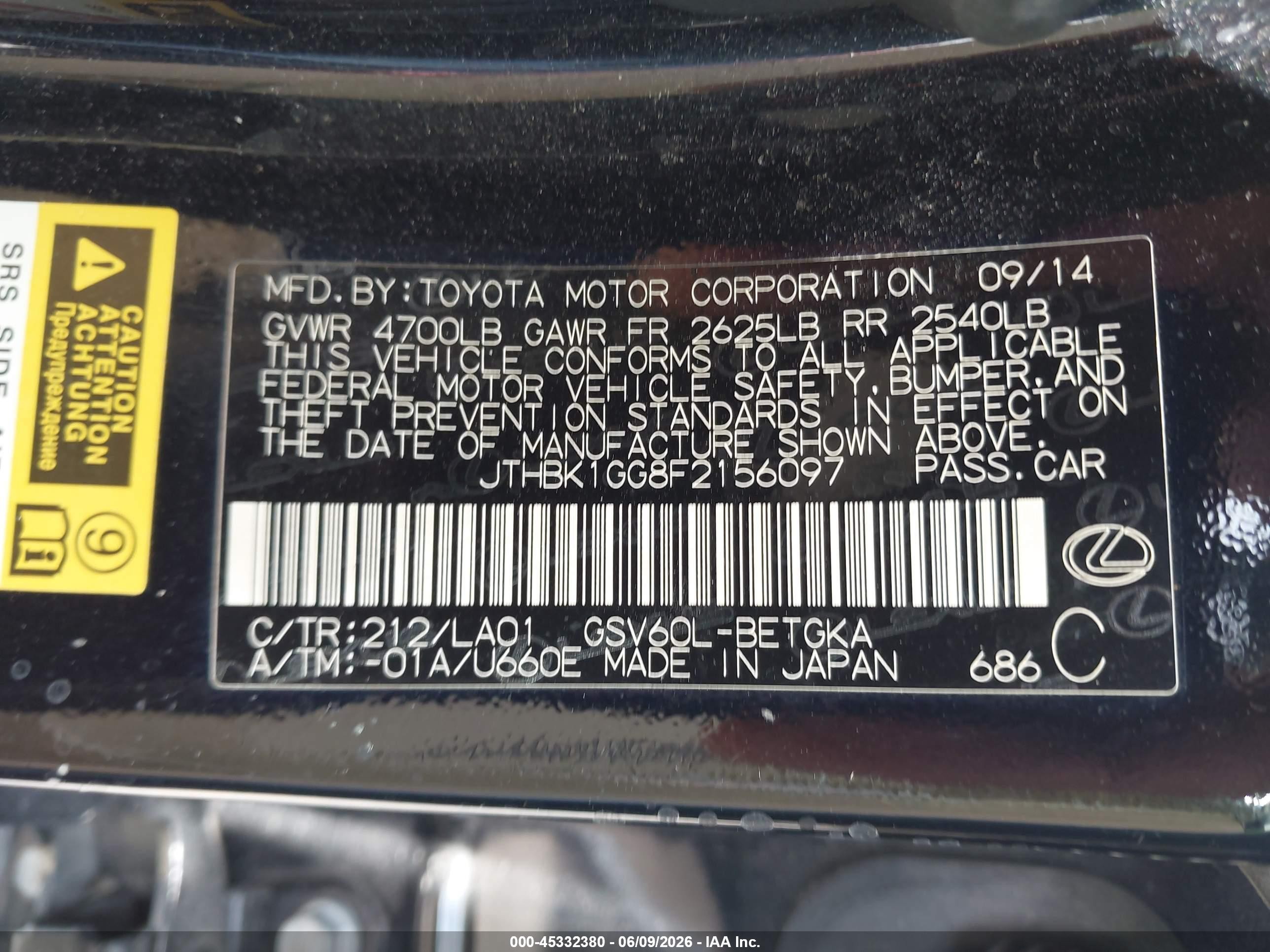 2015 Lexus Es 350   Black vin: JTHBK1GG8F2156097
