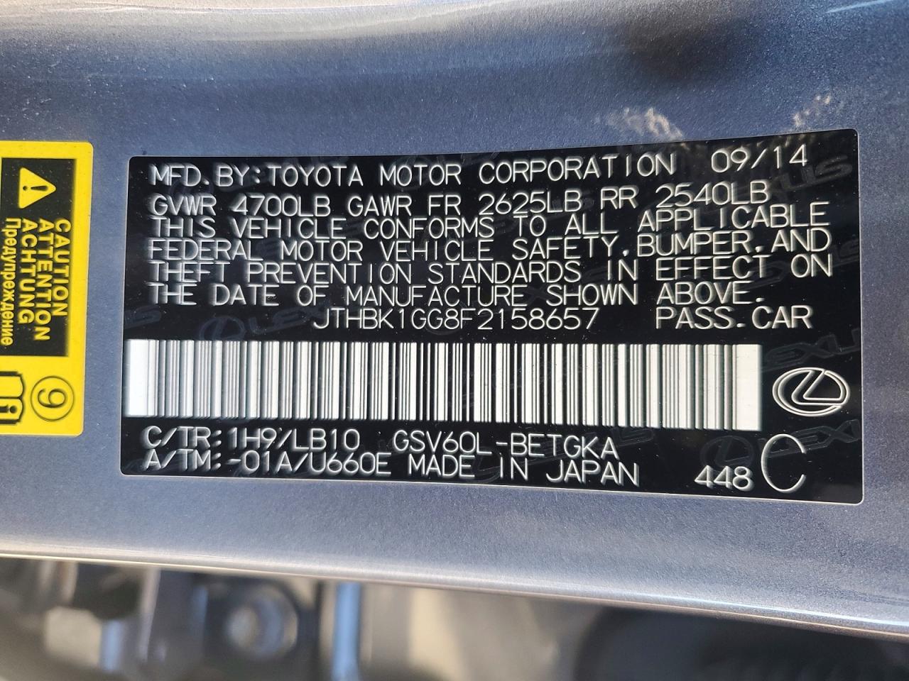 2015 Lexus Es 350 Charcoal vin: JTHBK1GG8F2158657