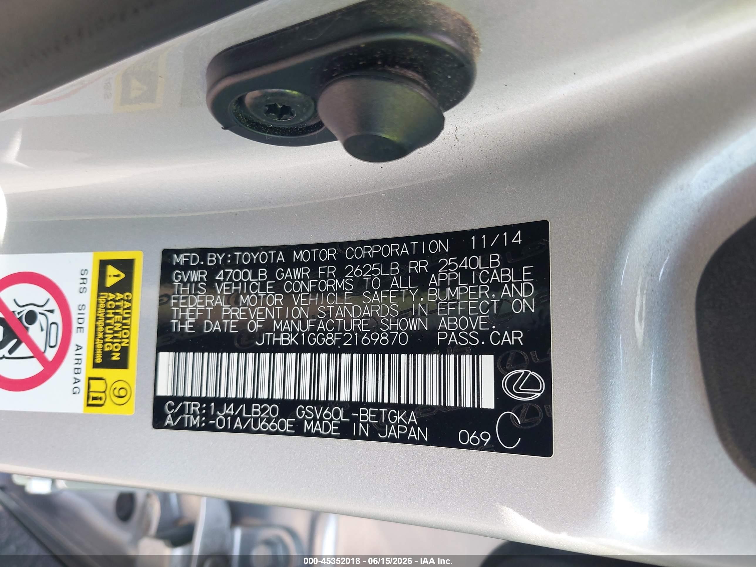 2015 Lexus Es 350   Silver vin: JTHBK1GG8F2169870