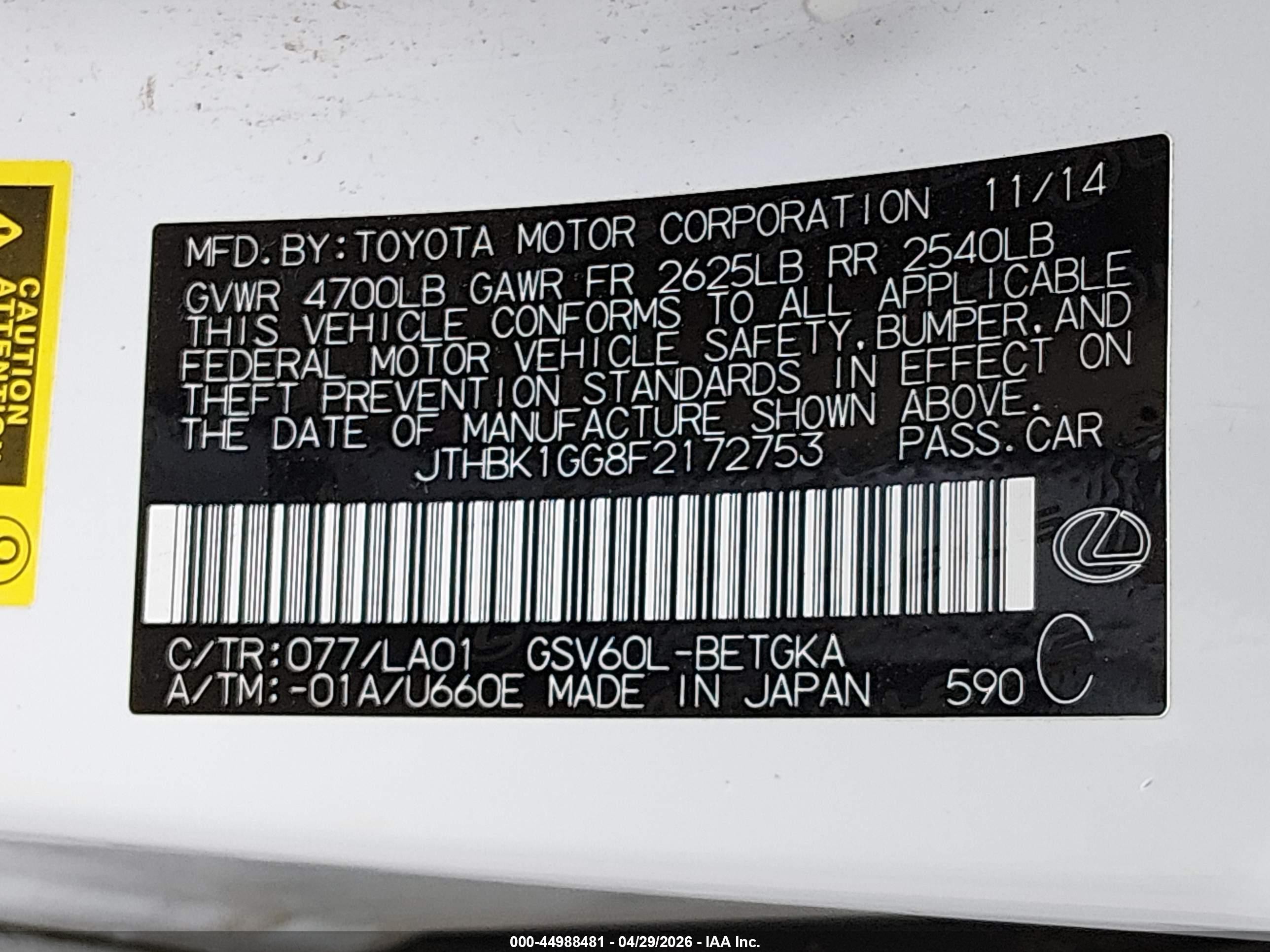 2015 Lexus Es 350 White vin: JTHBK1GG8F2172753