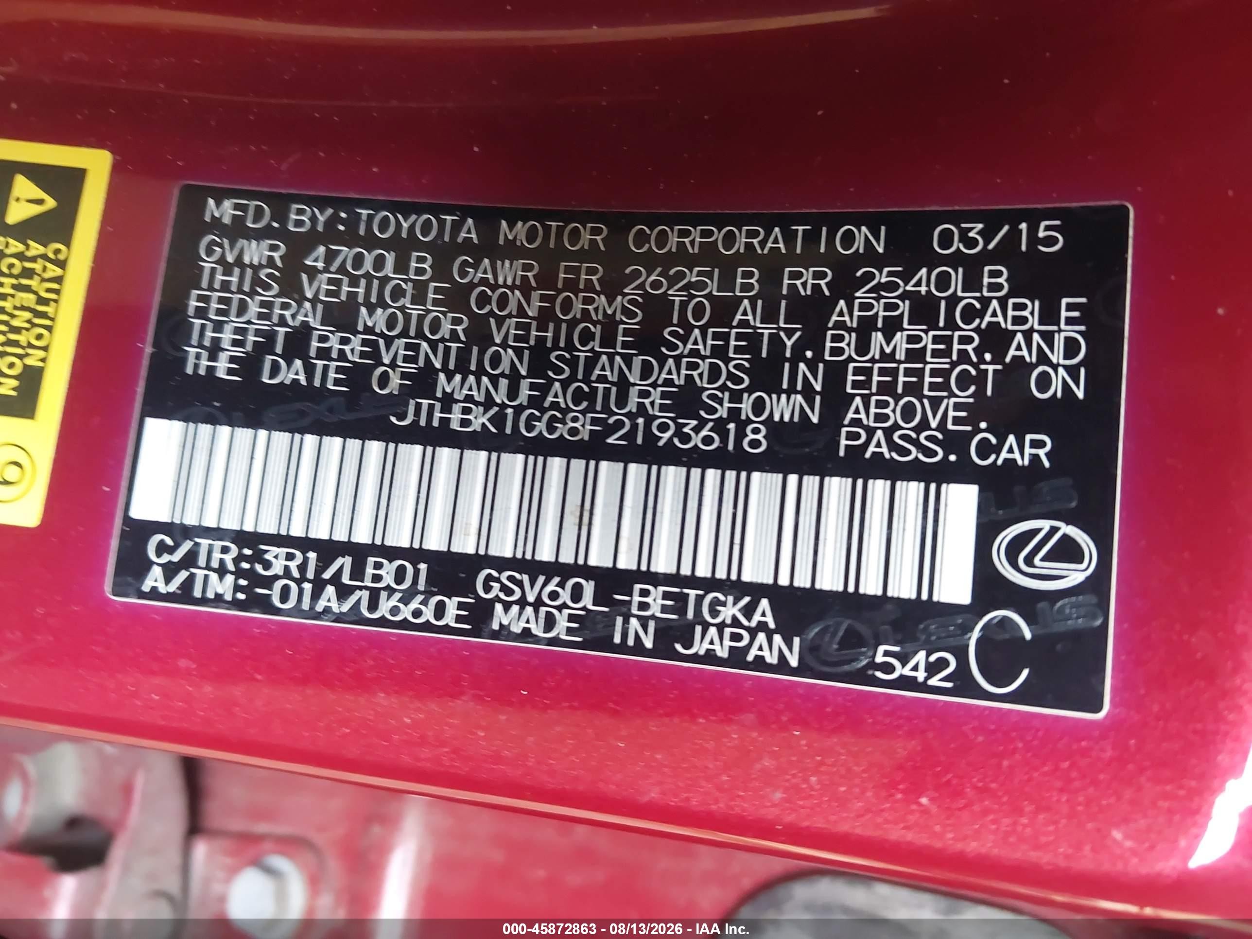 2015 Lexus Es 350   Red vin: JTHBK1GG8F2193618