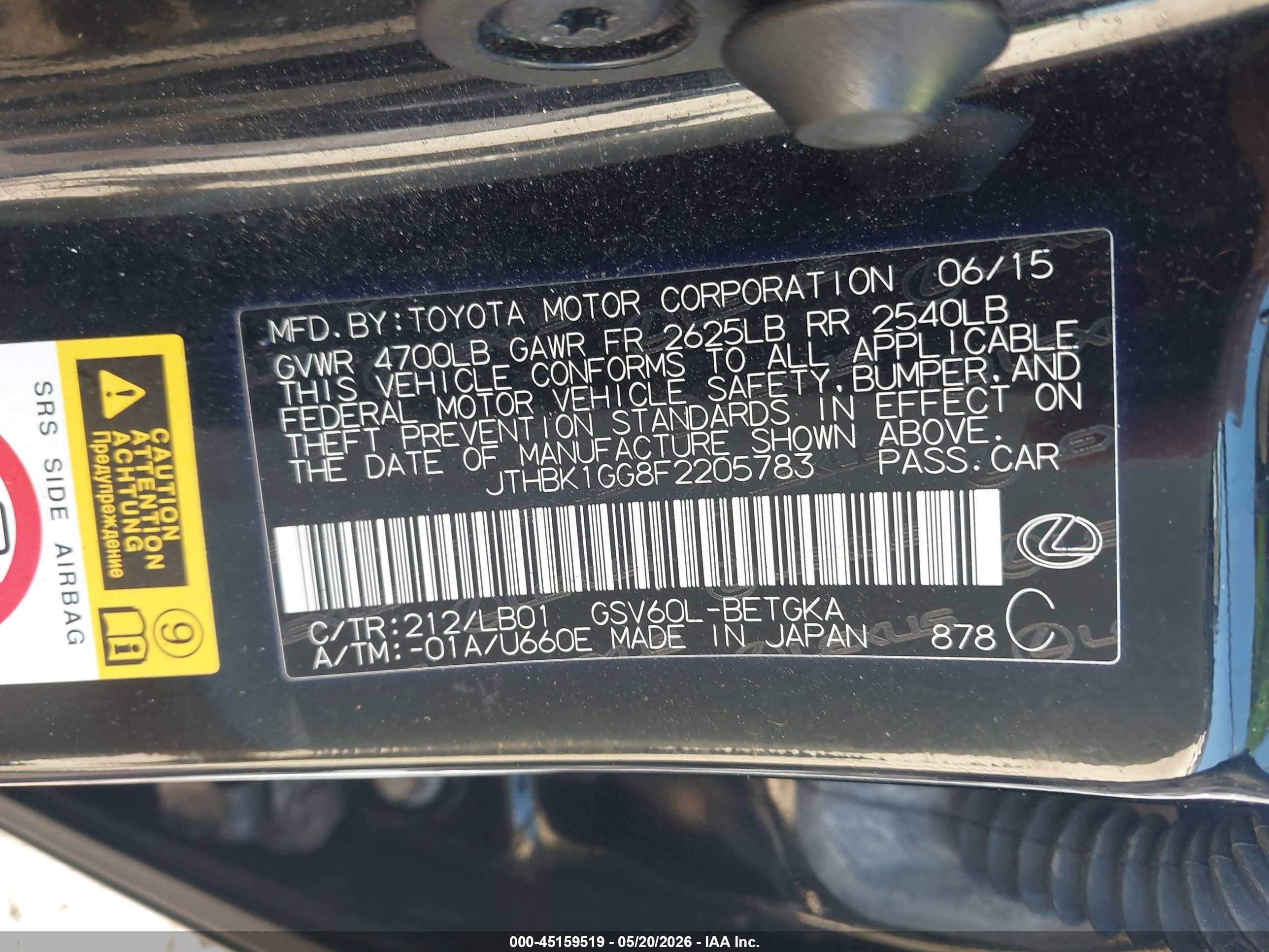 2015 Lexus Es 350   Black vin: JTHBK1GG8F2205783