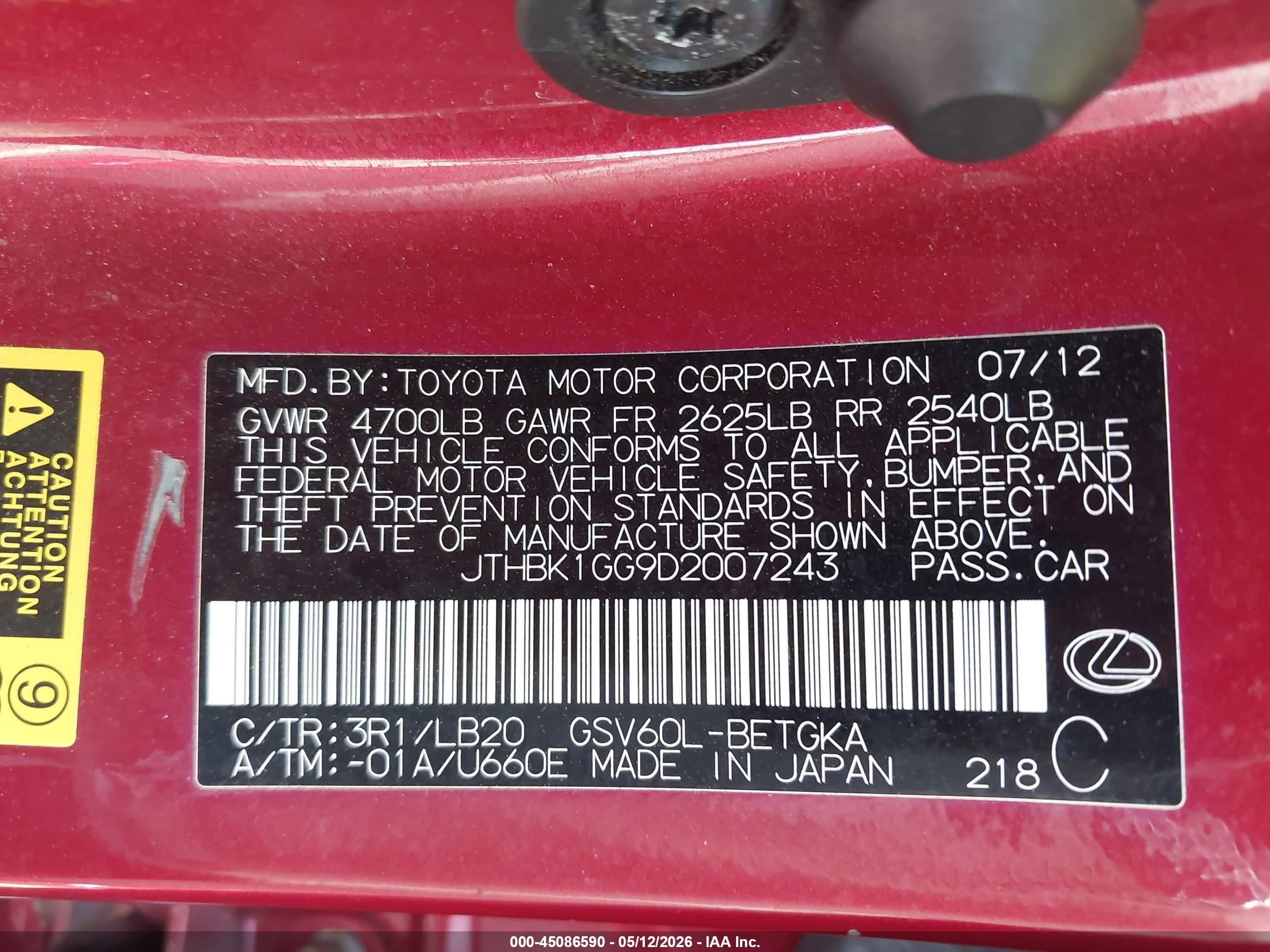 2013 Lexus Es 350 Red vin: JTHBK1GG9D2007243