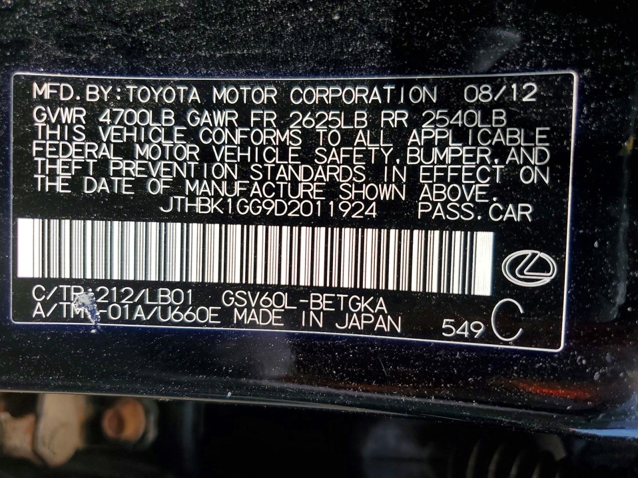 2013 Lexus Es 350 Black vin: JTHBK1GG9D2011924