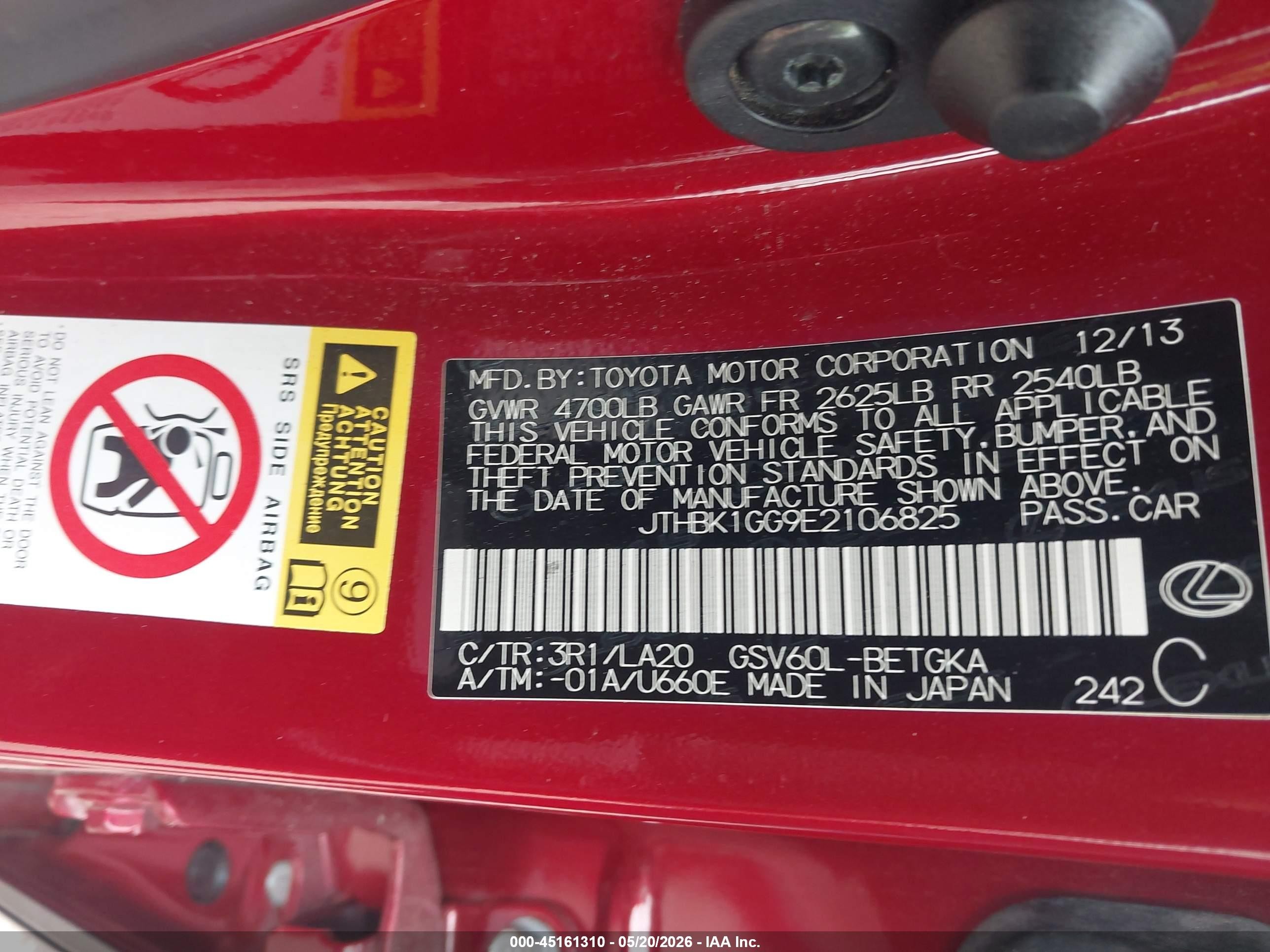 2014 Lexus Es 350 Red vin: JTHBK1GG9E2106825