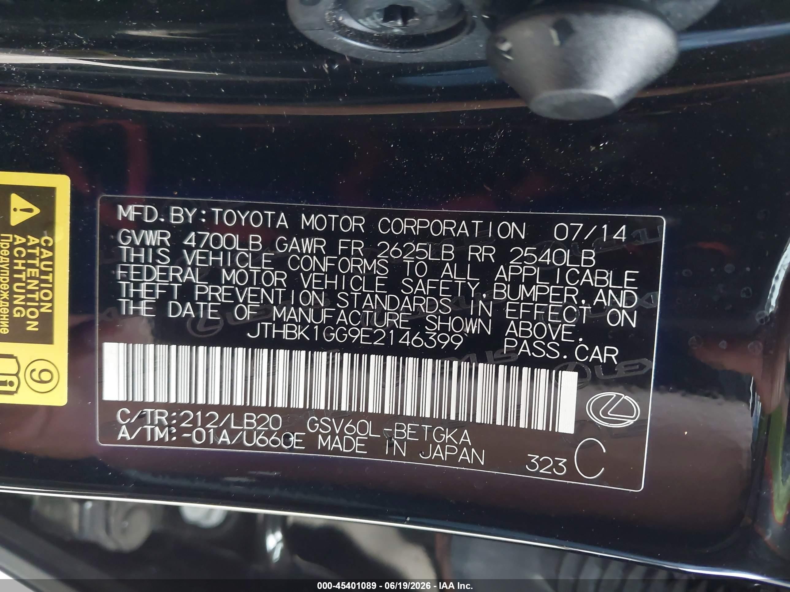 2014 Lexus Es 350   Black vin: JTHBK1GG9E2146399