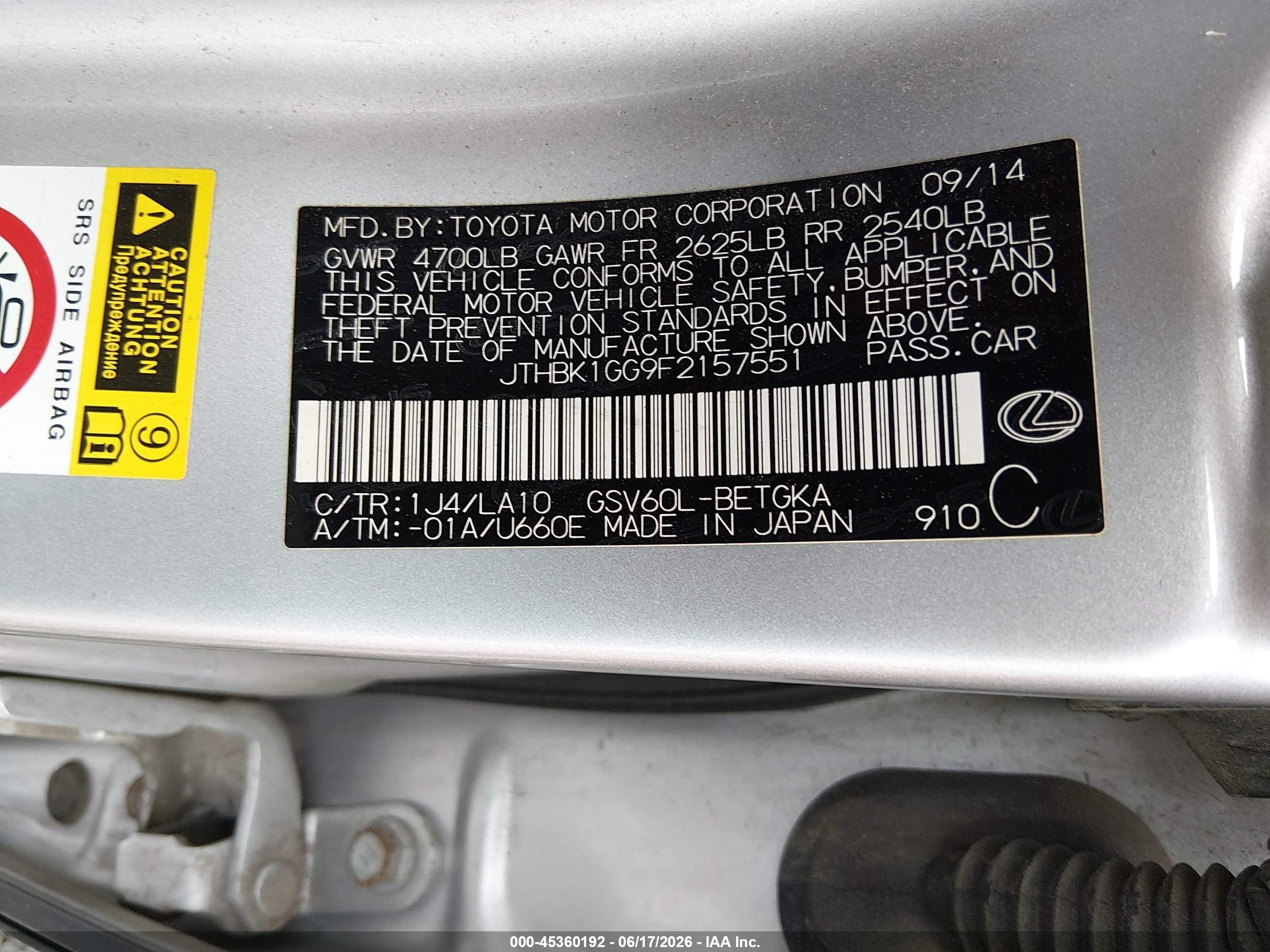2015 Lexus Es 350 Gray vin: JTHBK1GG9F2157551