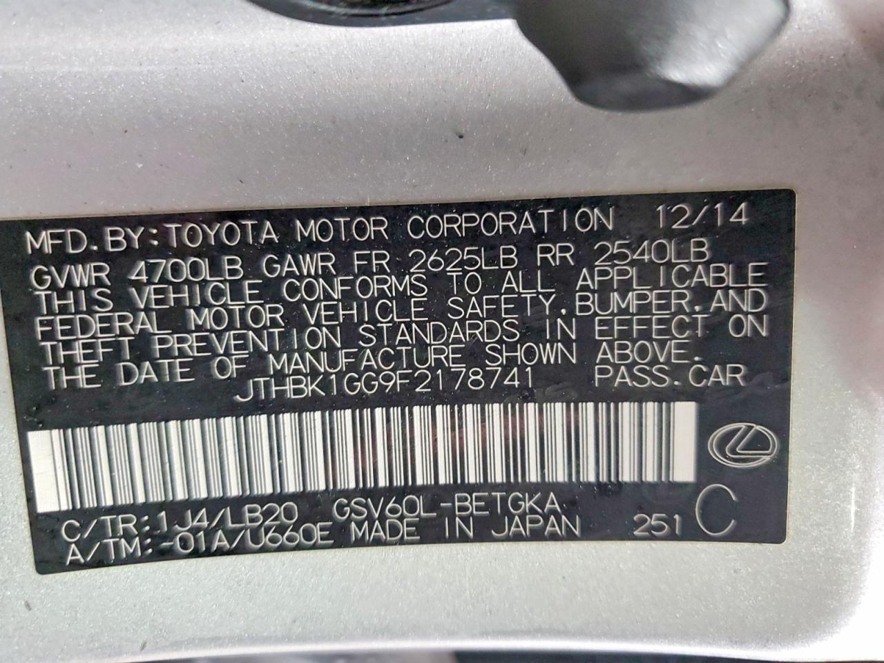 2015 Lexus Es 350 Base Silver vin: JTHBK1GG9F2178741