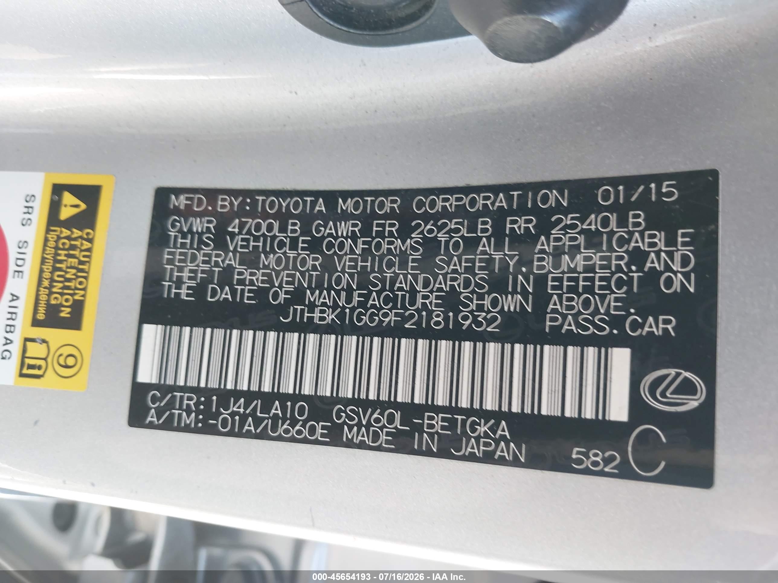 2015 Lexus Es 350 Gray vin: JTHBK1GG9F2181932