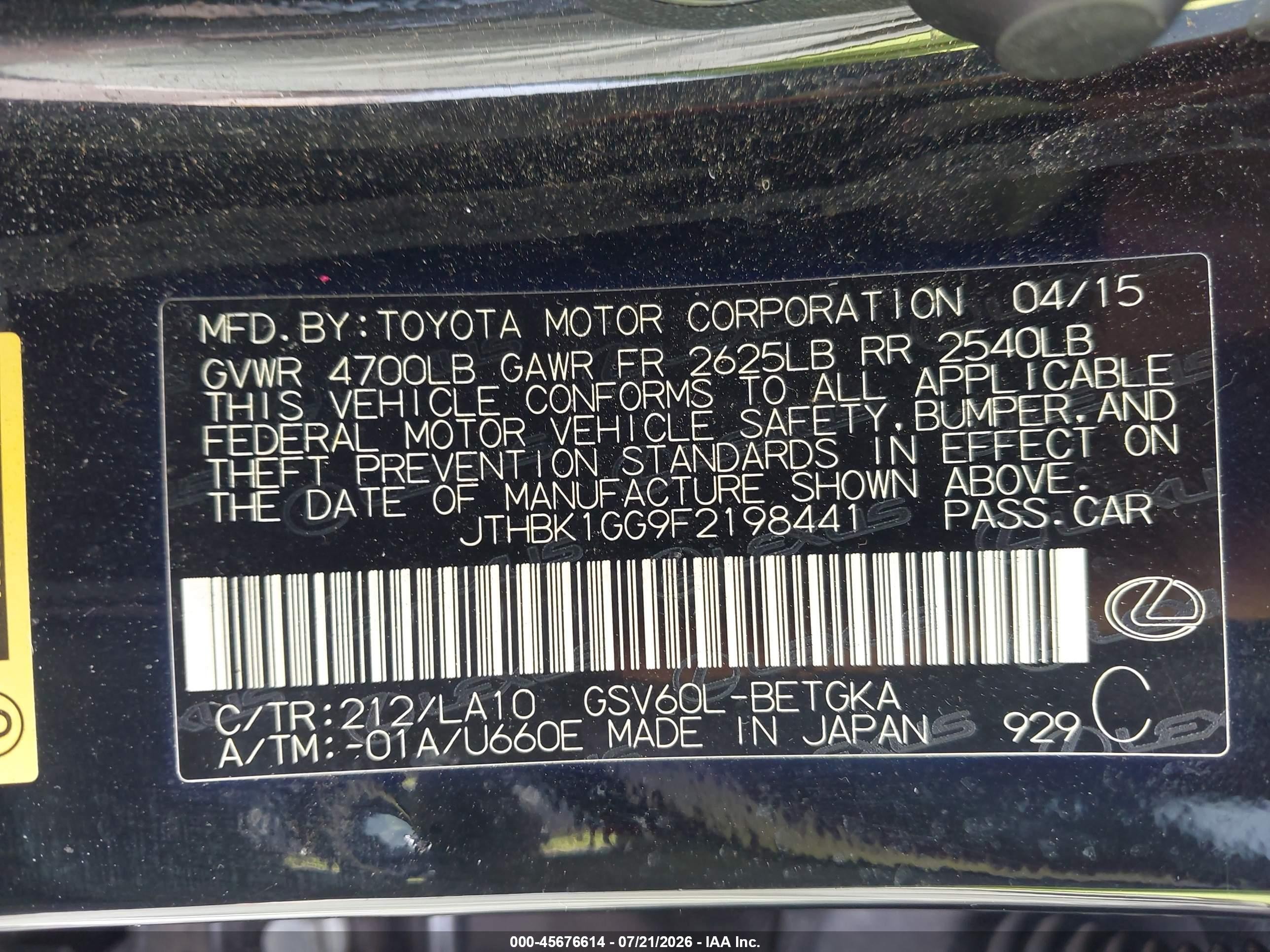 2015 Lexus Es 350   Black vin: JTHBK1GG9F2198441