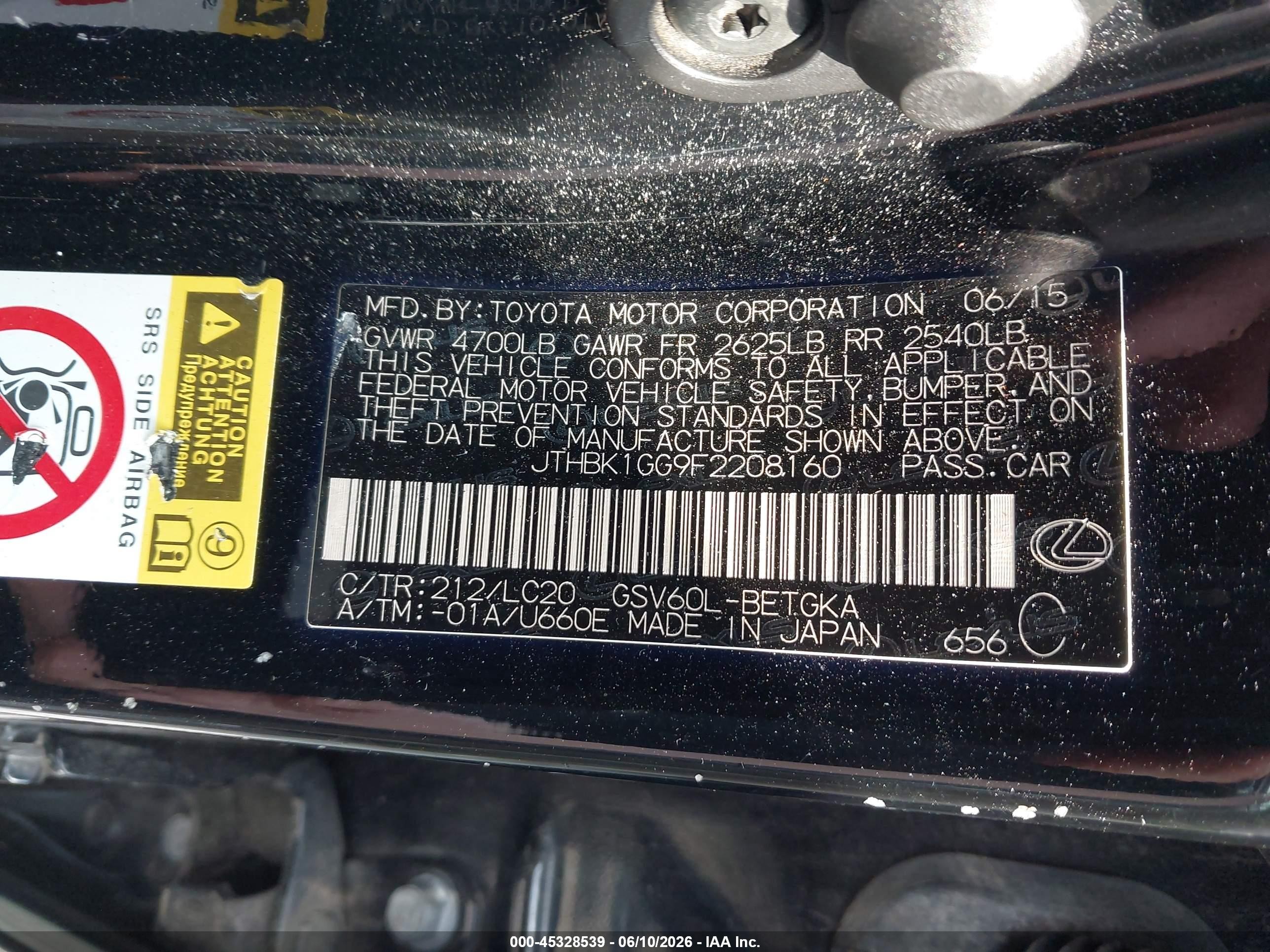 2015 Lexus Es 350   Black vin: JTHBK1GG9F2208160