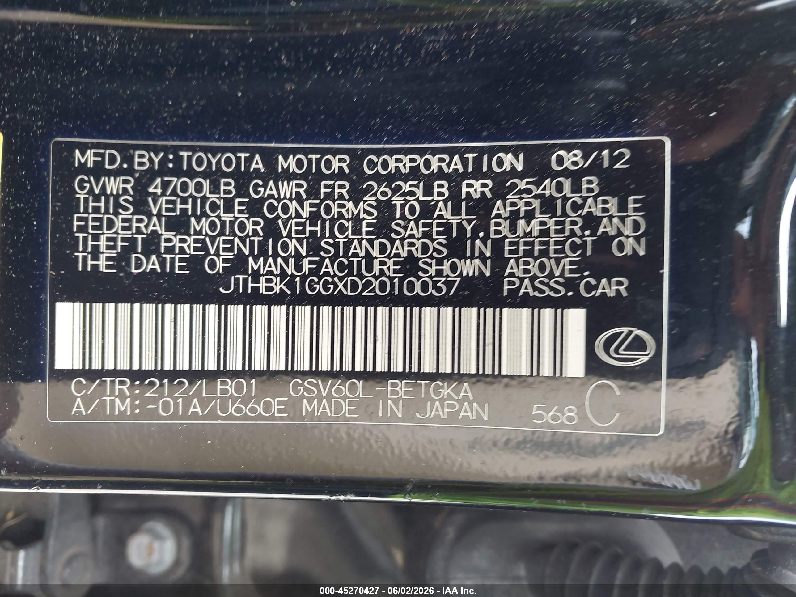 2013 Lexus Es 350 Black vin: JTHBK1GGXD2010037