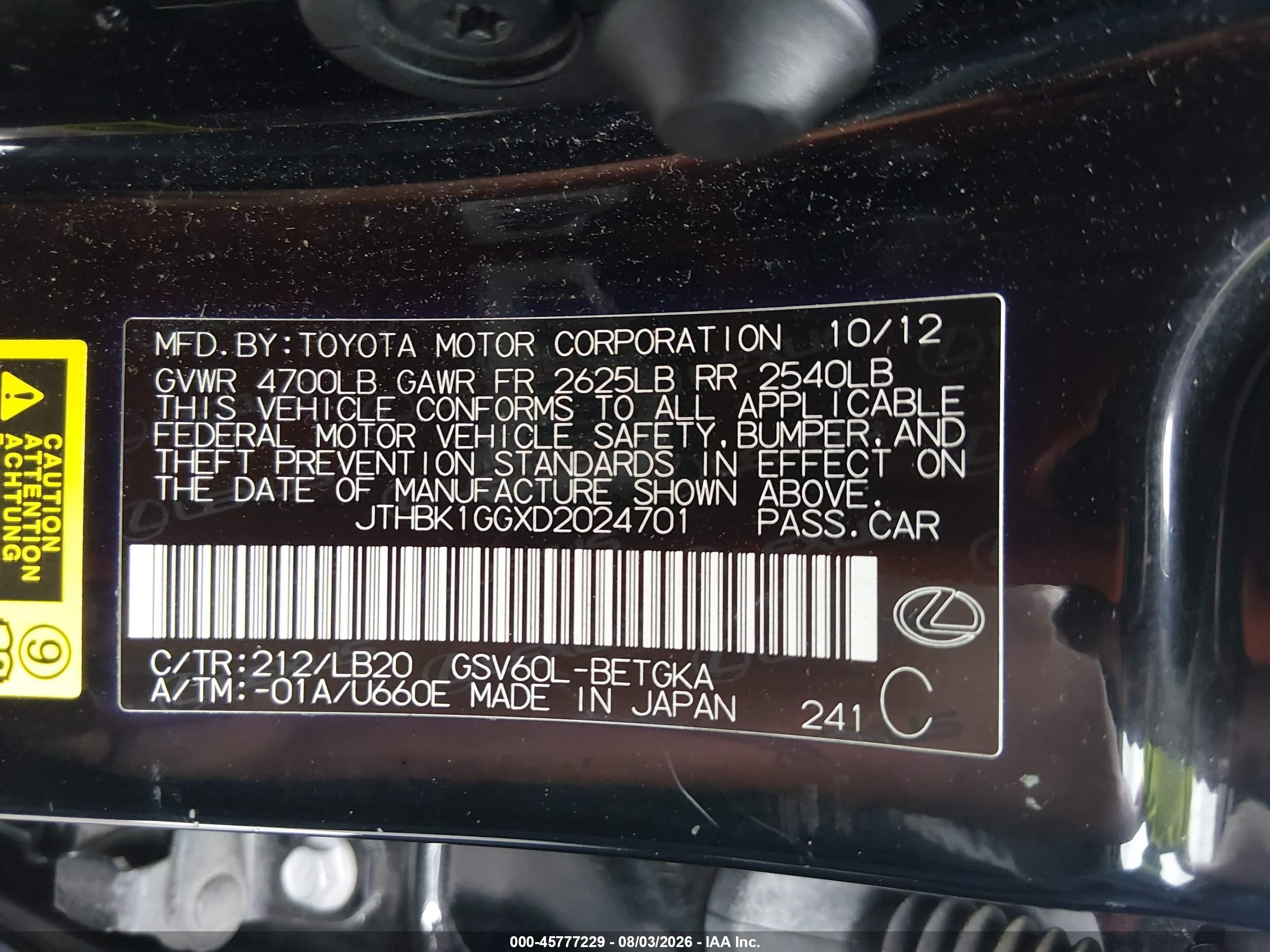 2013 Lexus Es 350   Black vin: JTHBK1GGXD2024701