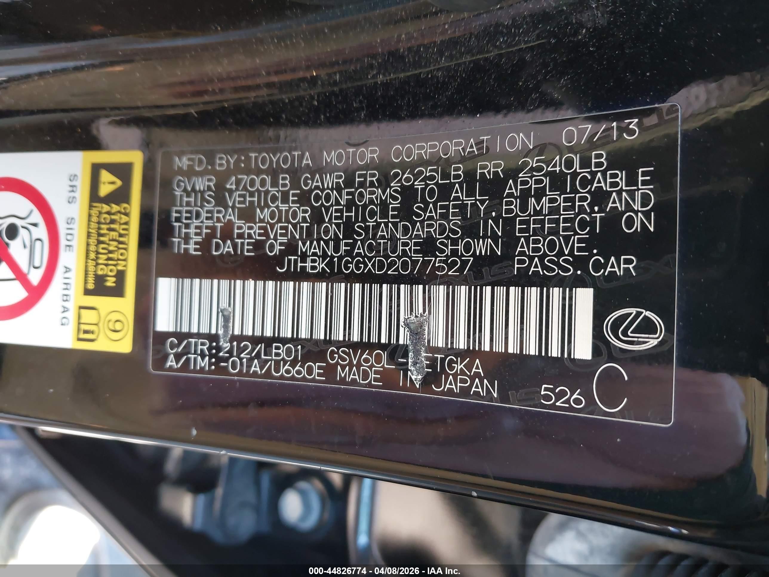 2013 Lexus Es 350   Black vin: JTHBK1GGXD2077527