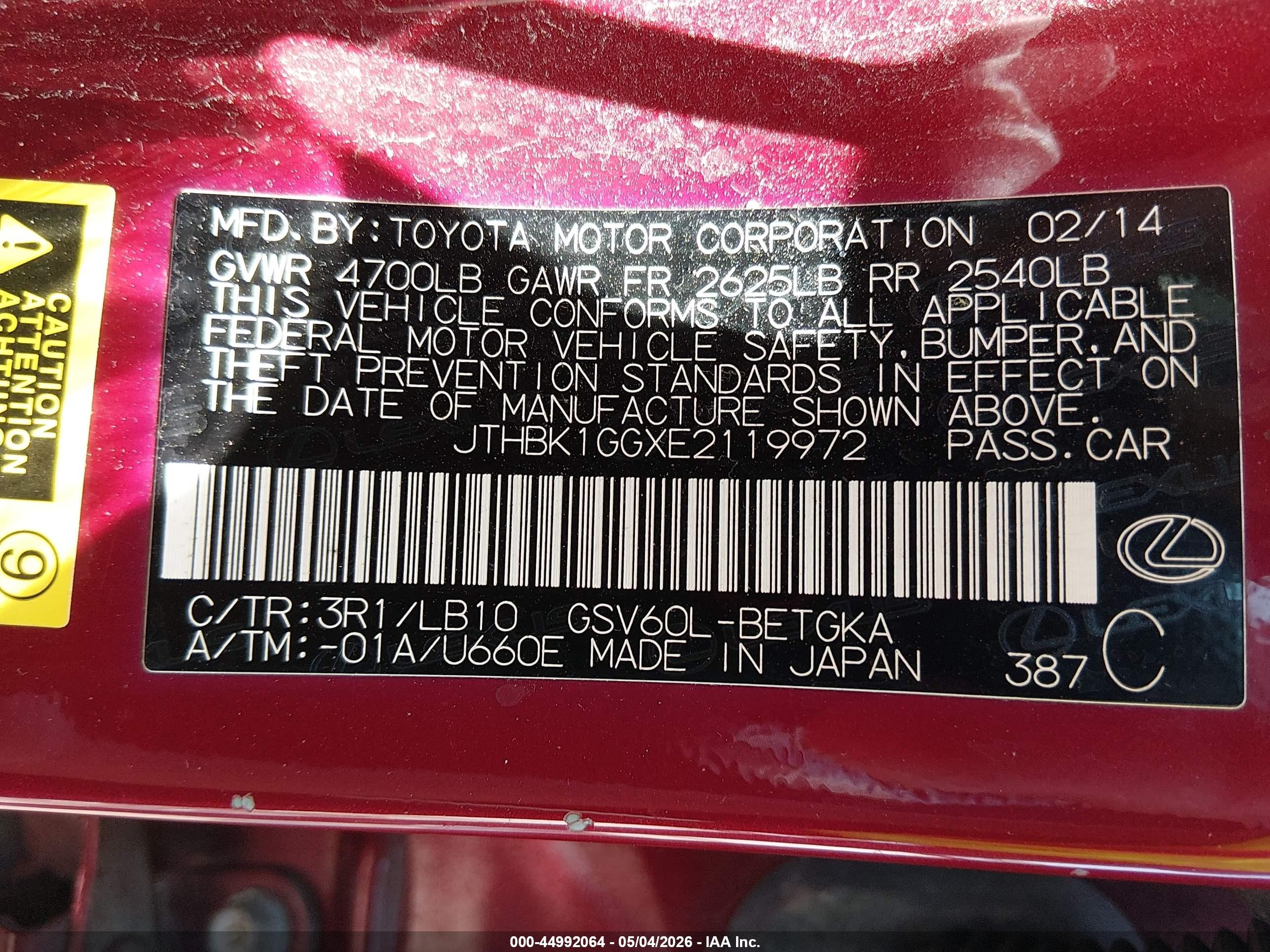 2014 Lexus Es 350   Red vin: JTHBK1GGXE2119972