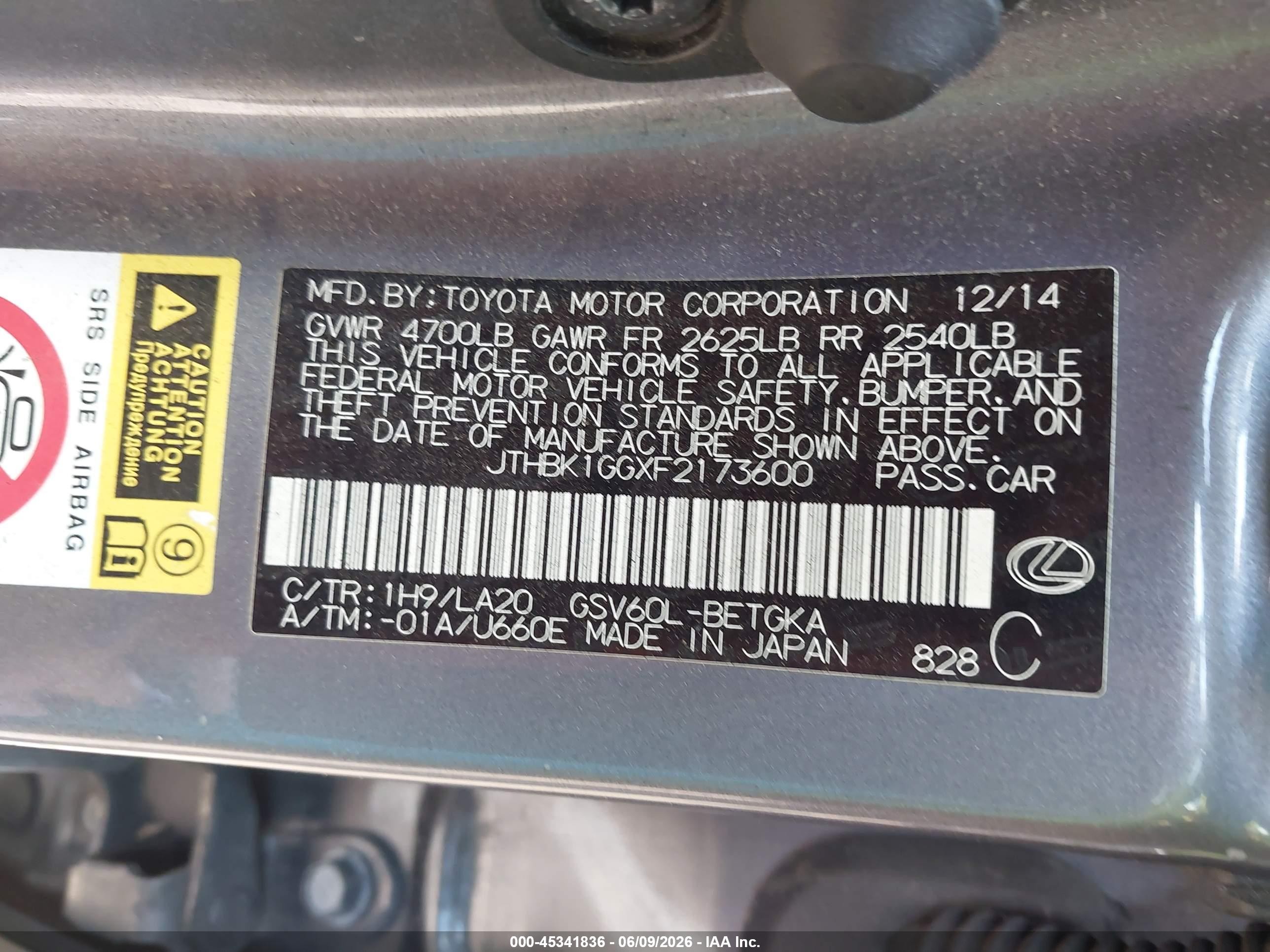 2015 Lexus Es 350 Gray vin: JTHBK1GGXF2173600