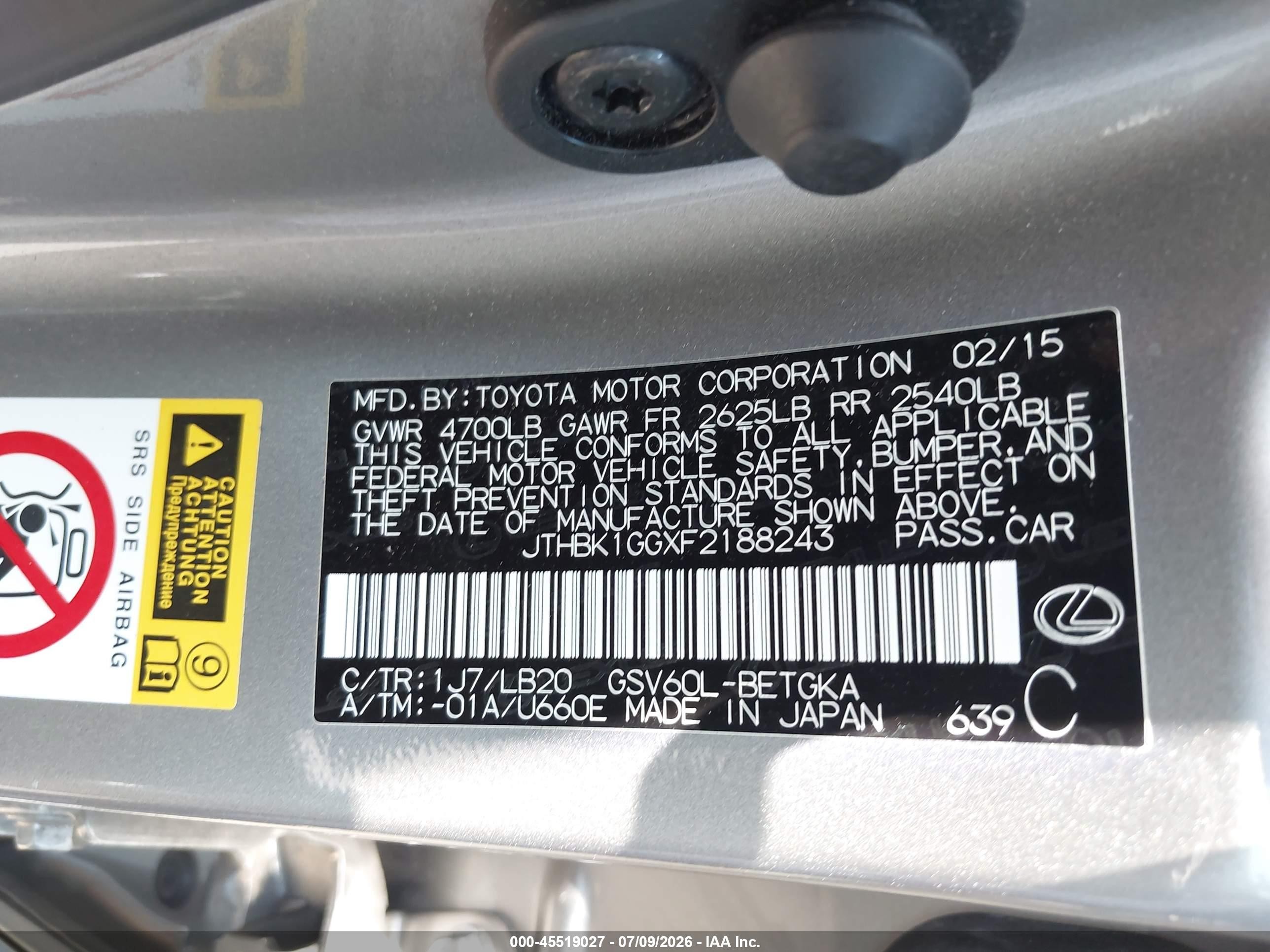 2015 Lexus Es 350   Silver vin: JTHBK1GGXF2188243