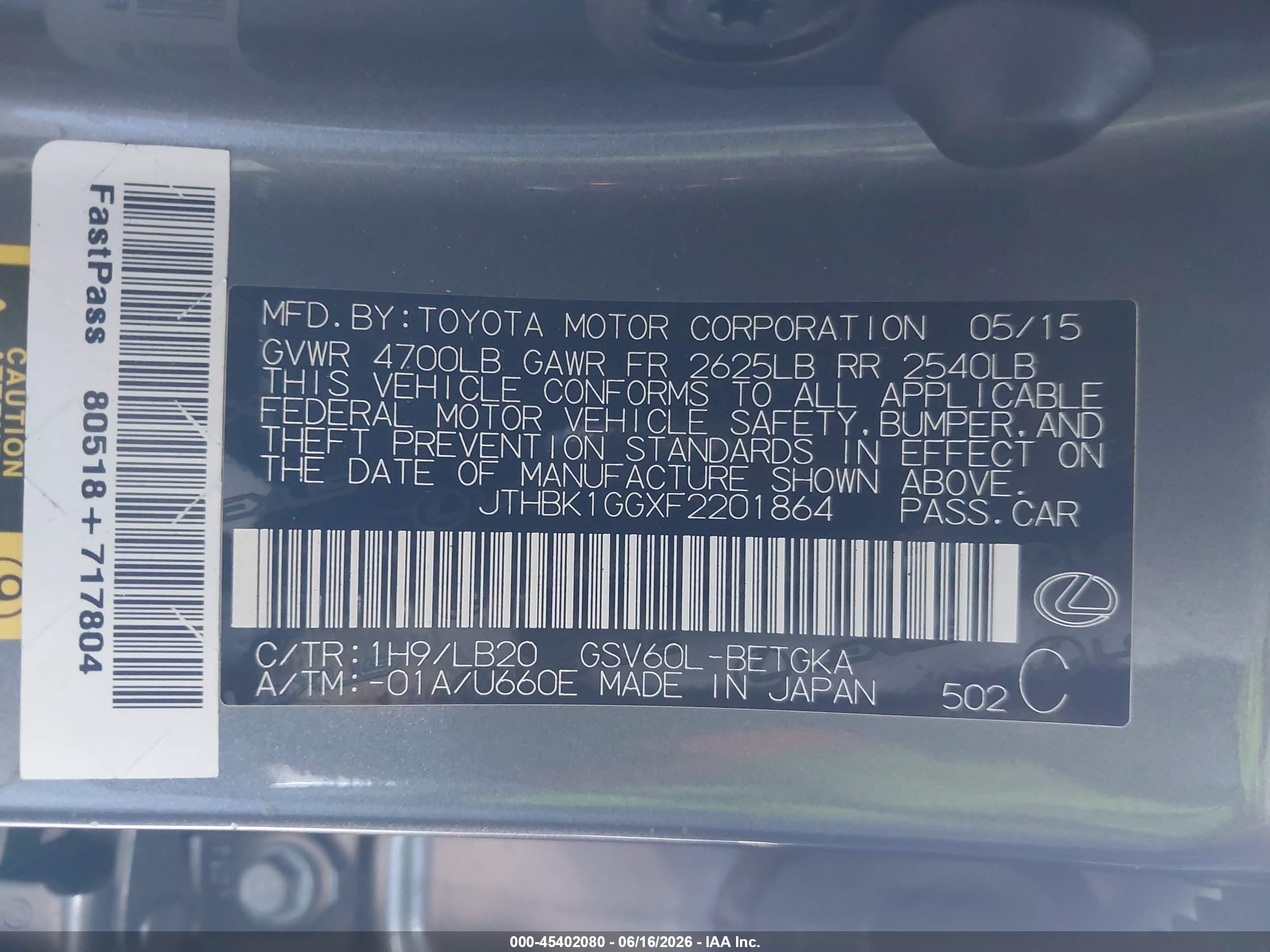 2015 Lexus Es 350 Gray vin: JTHBK1GGXF2201864