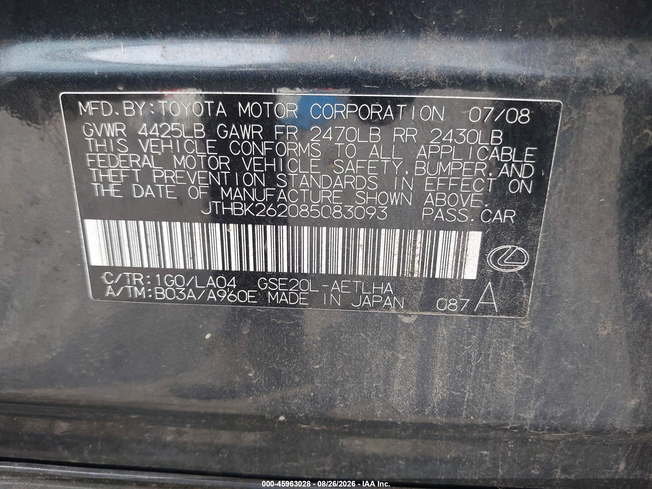 2008 Lexus Is 250 Black vin: JTHBK262085083093