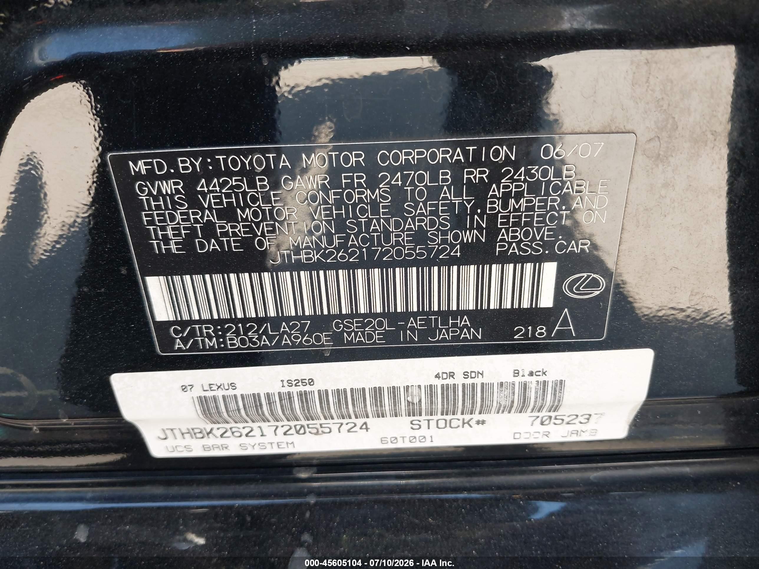 2007 Lexus Is 250   Black vin: JTHBK262172055724