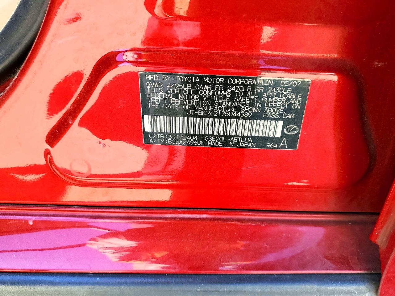 2007 Lexus Is 250 Base Red vin: JTHBK262175044589