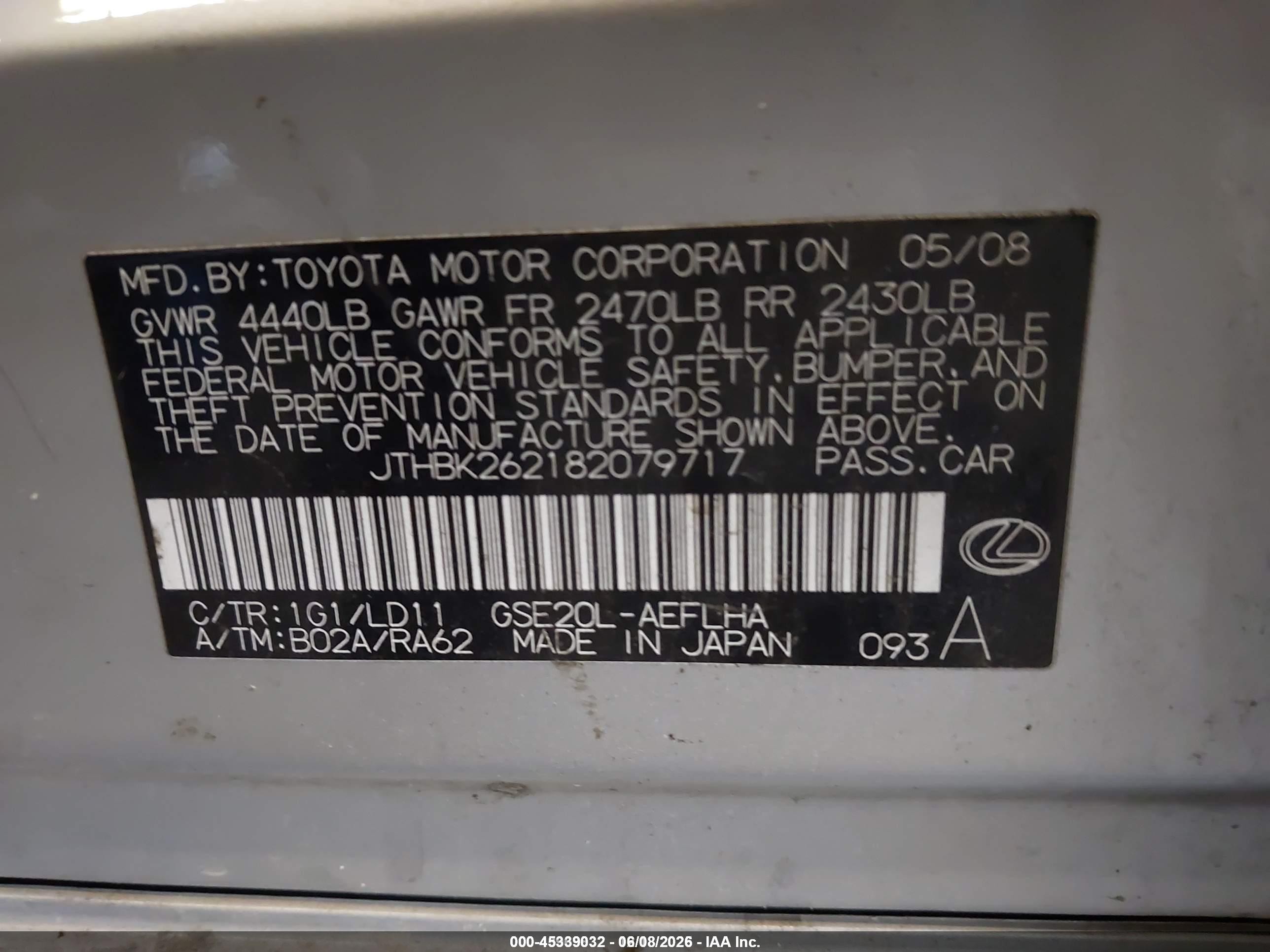 2008 Lexus Is 250   Silver vin: JTHBK262182079717
