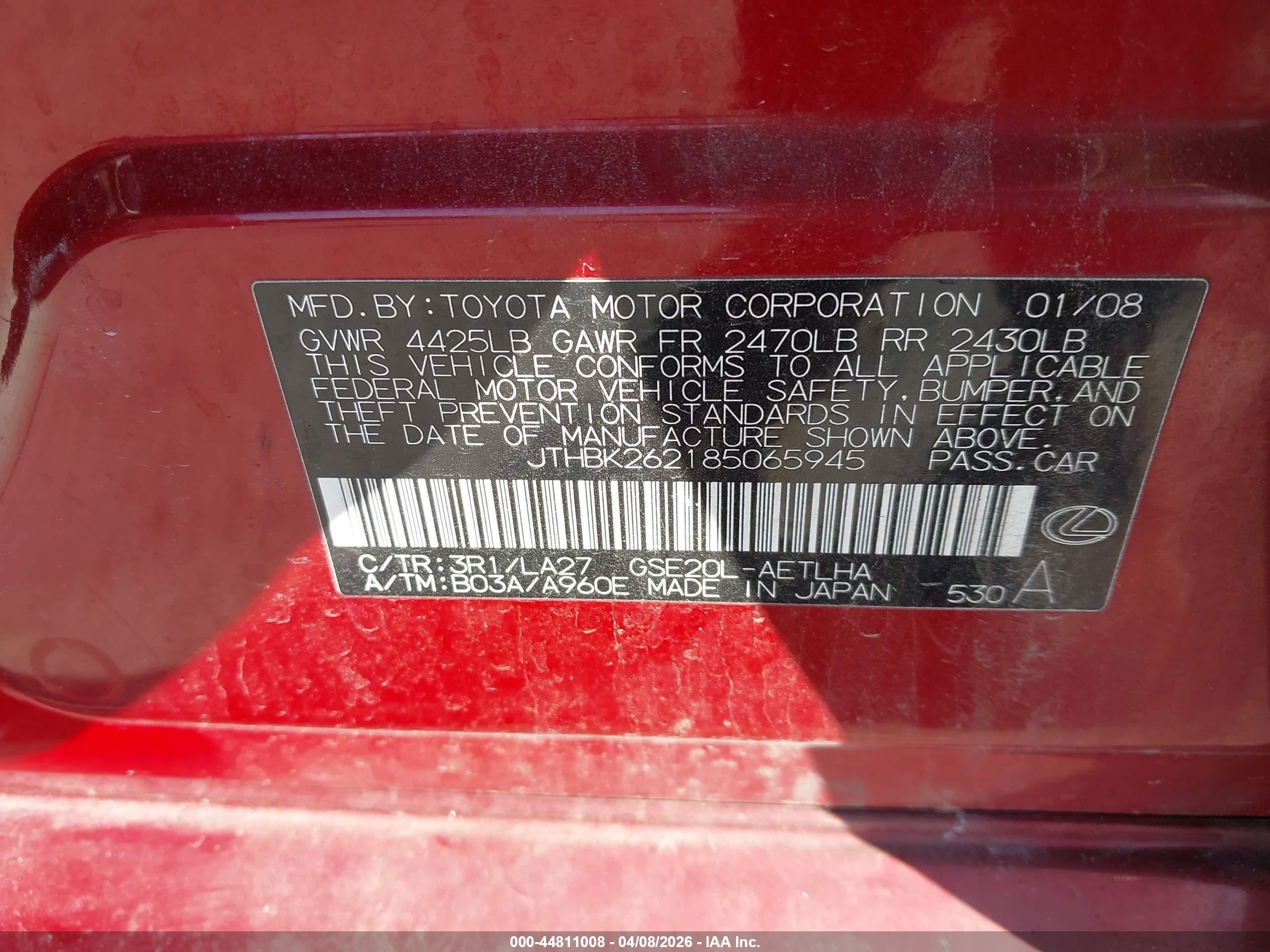 2008 Lexus Is 250   Maroon vin: JTHBK262185065945