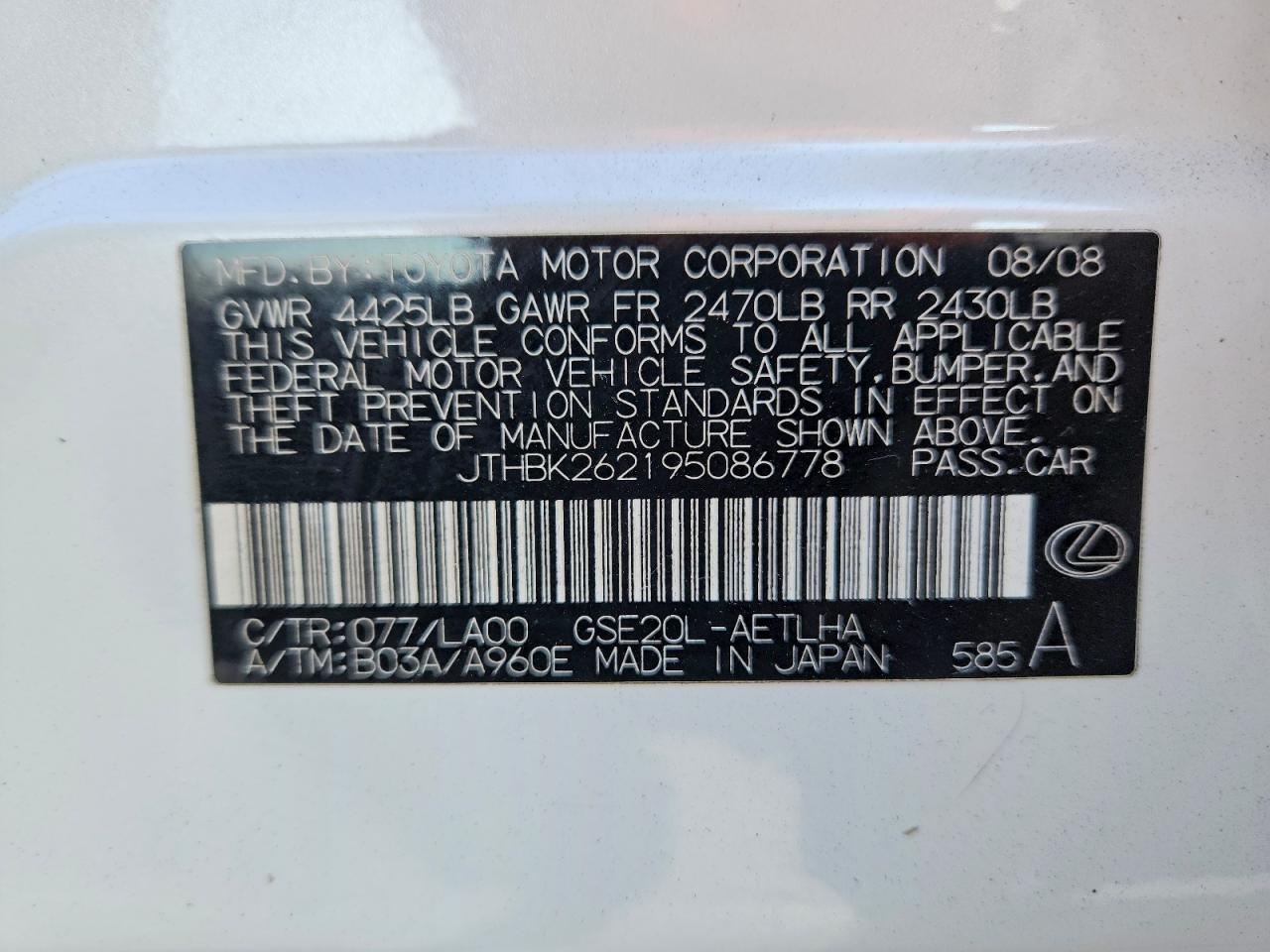 2009 Lexus Is 250 White vin: JTHBK262195086778