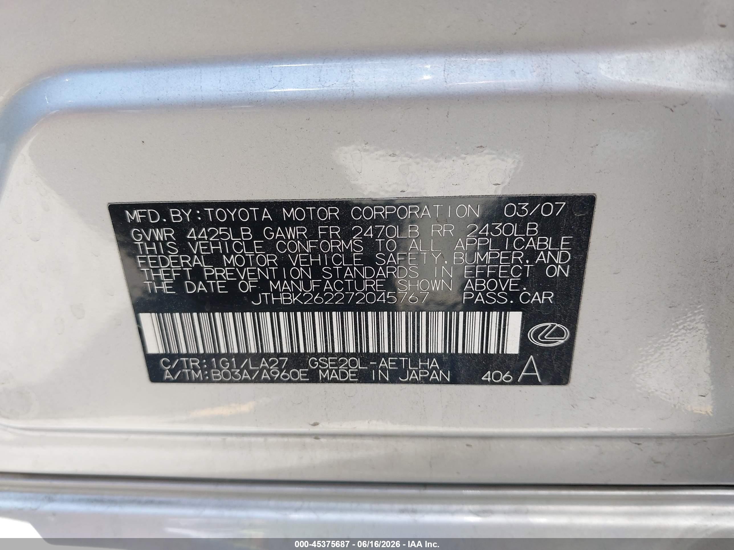 2007 Lexus Is 250   Silver vin: JTHBK262272045767