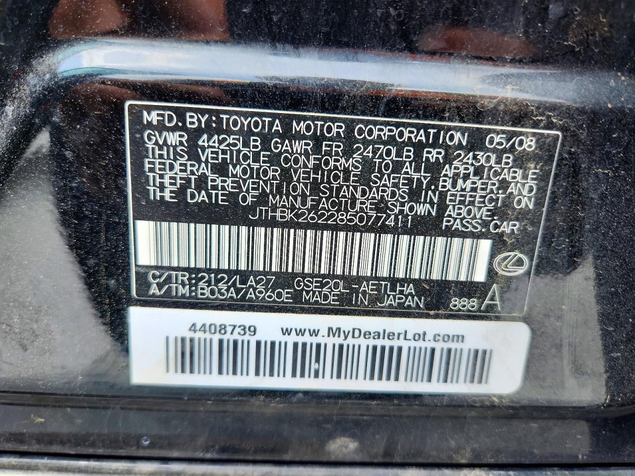 2008 Lexus Is 250 Black vin: JTHBK262285077411