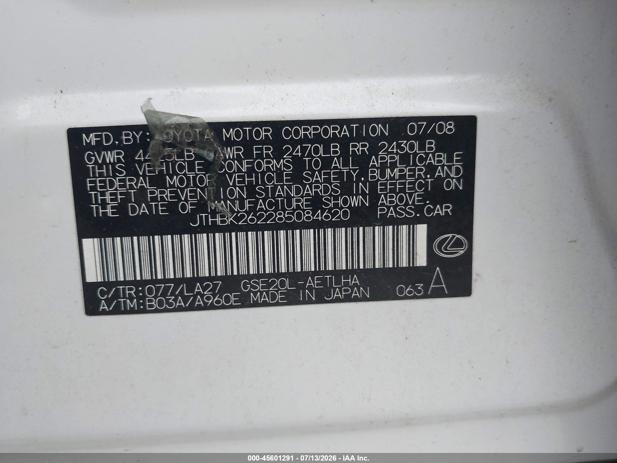 2008 Lexus Is 250   White vin: JTHBK262285084620