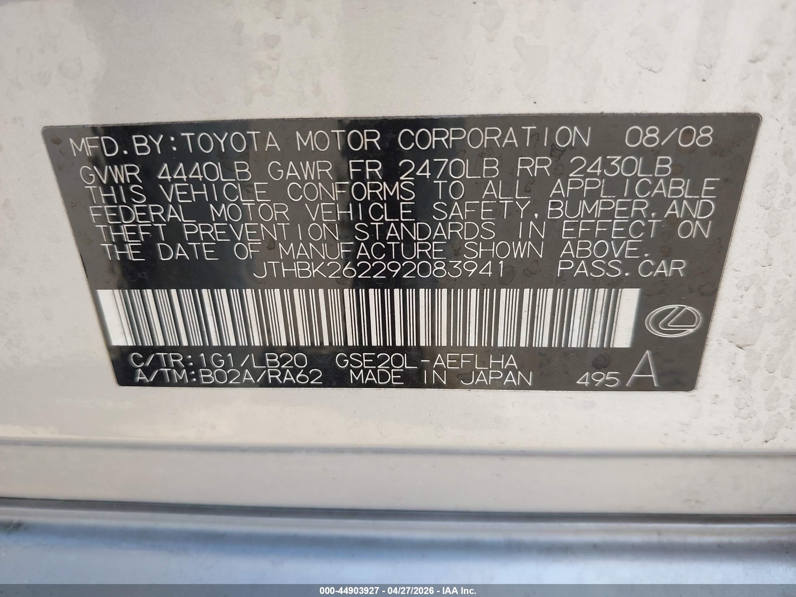2009 Lexus Is 250 Silver vin: JTHBK262292083941